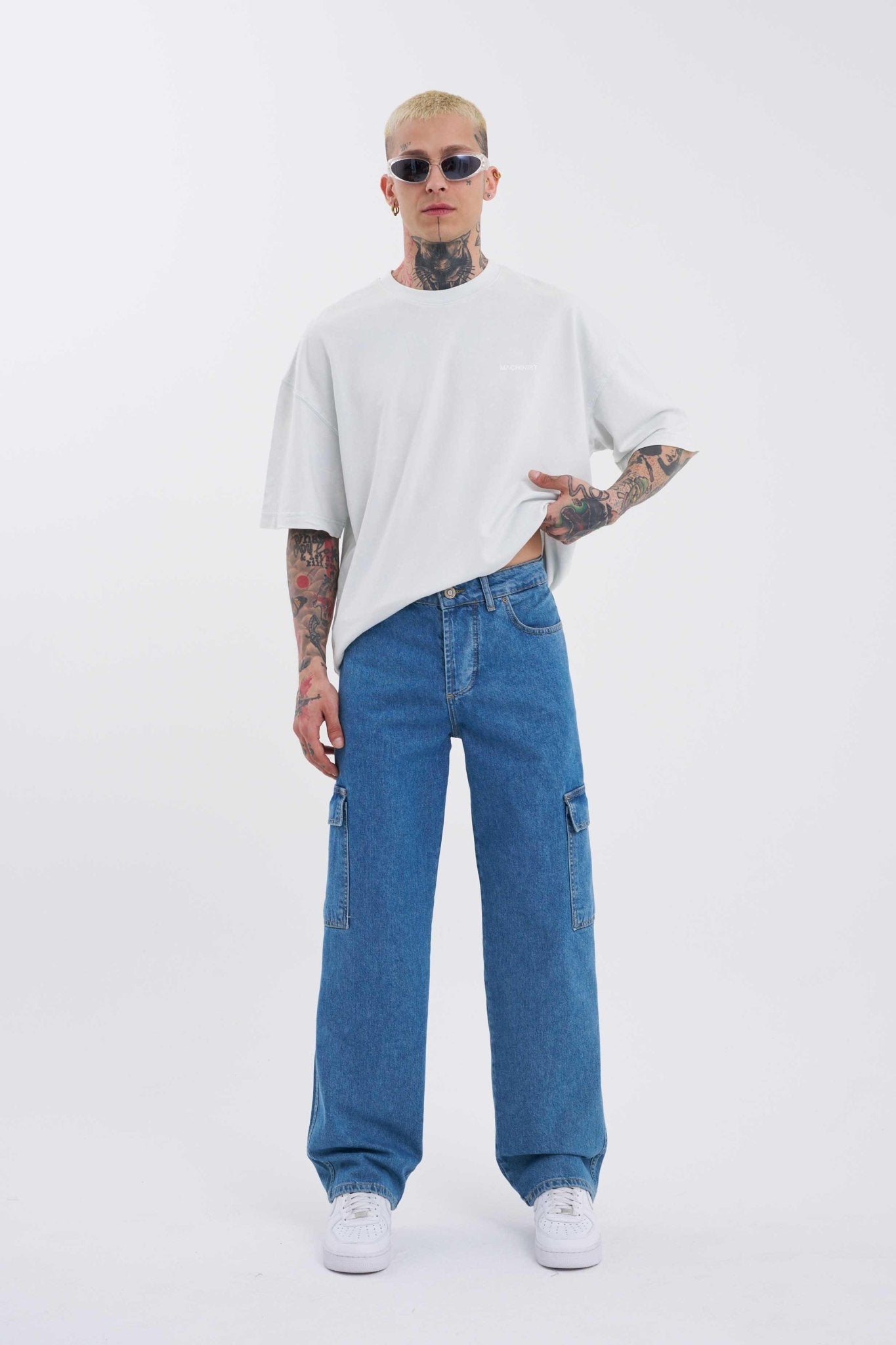 Erkek Yıkamalı Kargo Cepli Baggy Fit Jean Pantolon Koyu Mavi