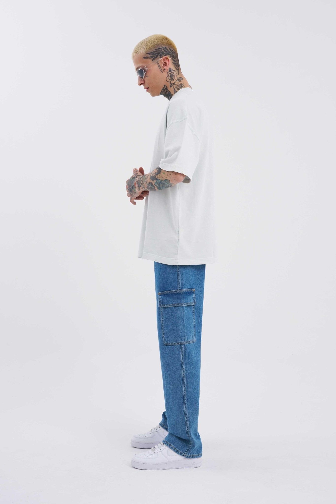 Erkek Yıkamalı Kargo Cepli Baggy Fit Jean Pantolon Koyu Mavi