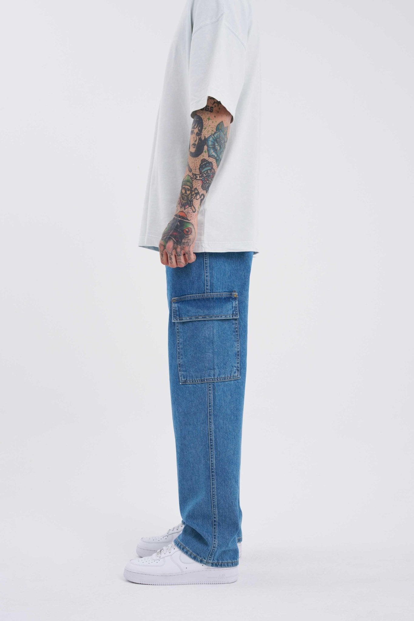 Erkek Yıkamalı Kargo Cepli Baggy Fit Jean Pantolon Koyu Mavi