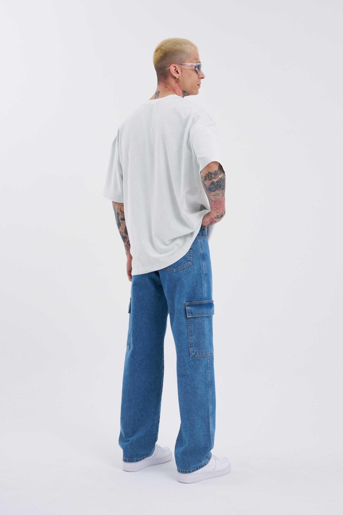 Erkek Yıkamalı Kargo Cepli Baggy Fit Jean Pantolon Koyu Mavi