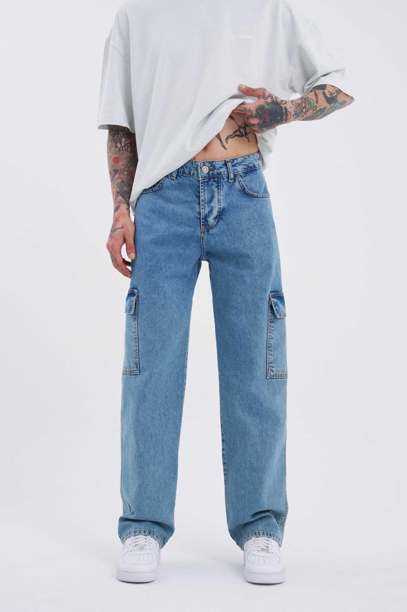 Erkek Yıkamalı Kargo Cepli Baggy Fit Jean Pantolon Mavi