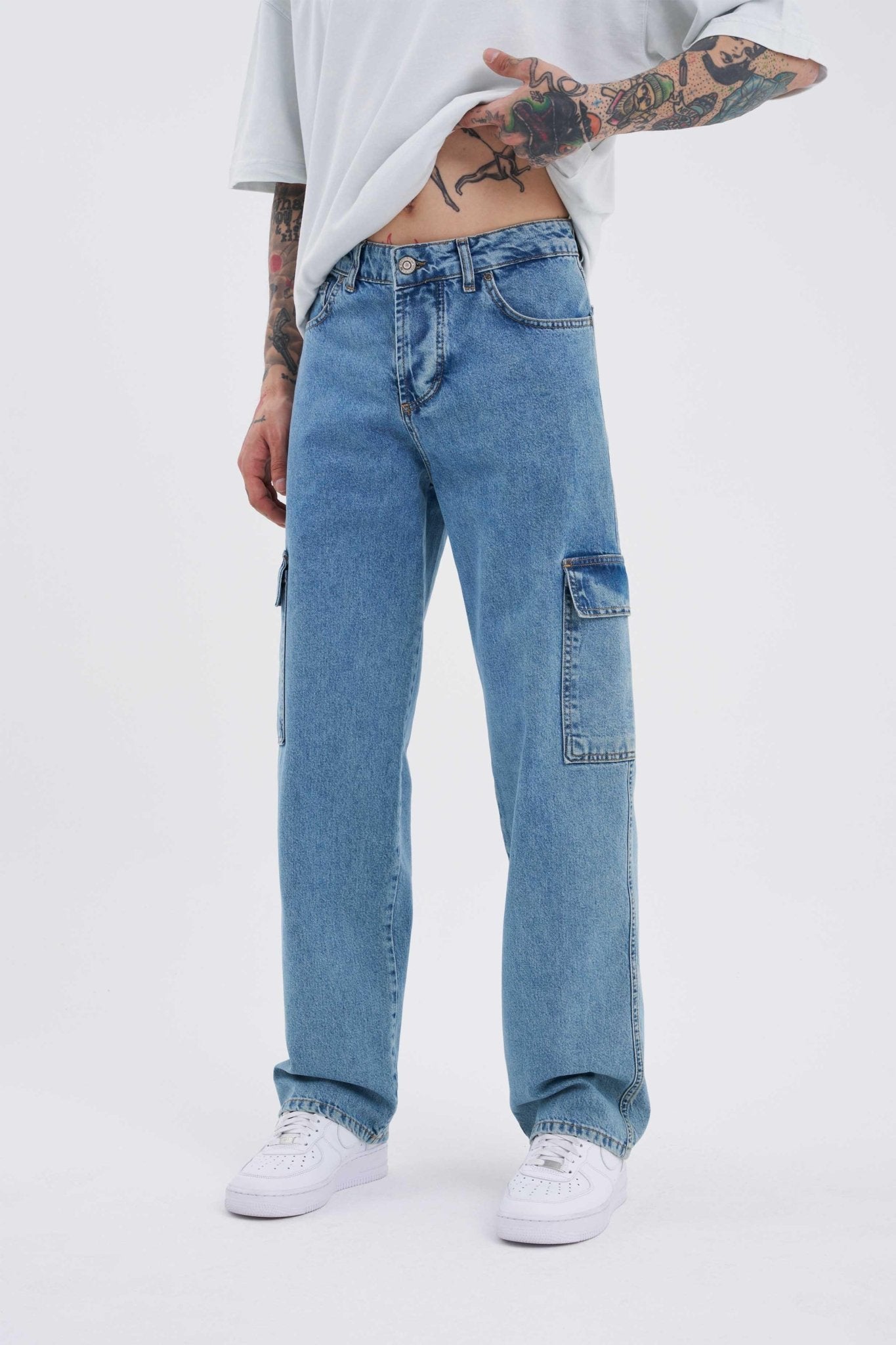 Erkek Yıkamalı Kargo Cepli Baggy Fit Jean Pantolon Mavi