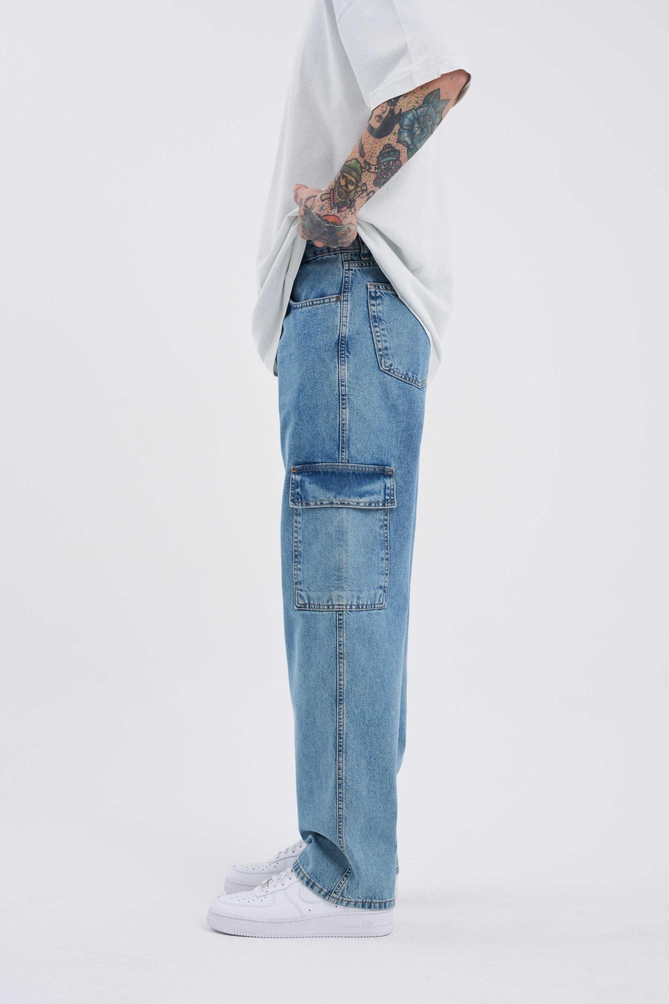 Erkek Yıkamalı Kargo Cepli Baggy Fit Jean Pantolon Mavi