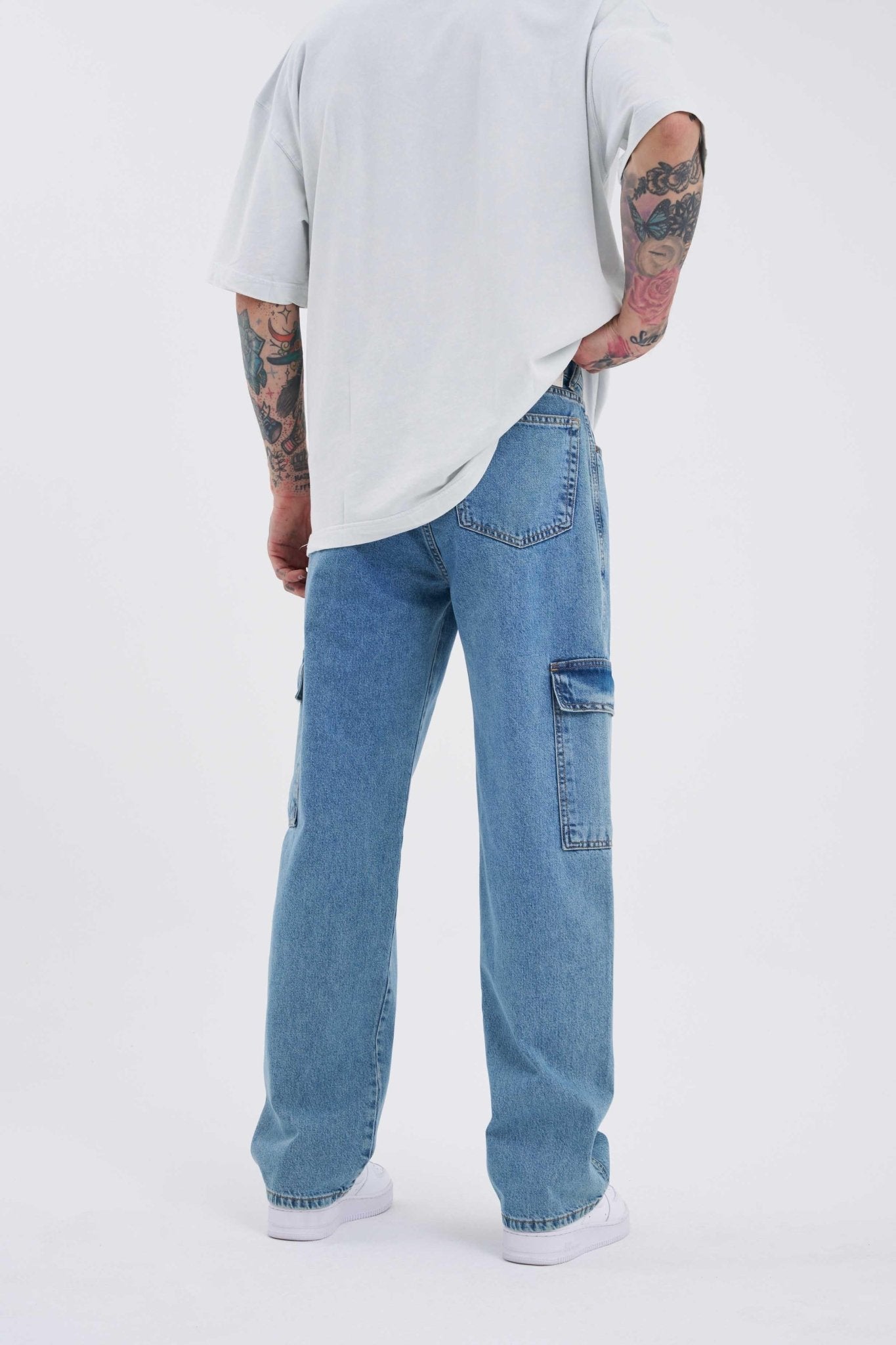 Erkek Yıkamalı Kargo Cepli Baggy Fit Jean Pantolon Mavi