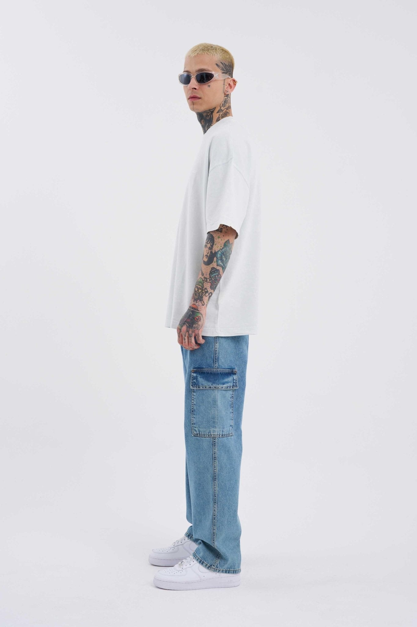 Erkek Yıkamalı Kargo Cepli Baggy Fit Jean Pantolon Mavi