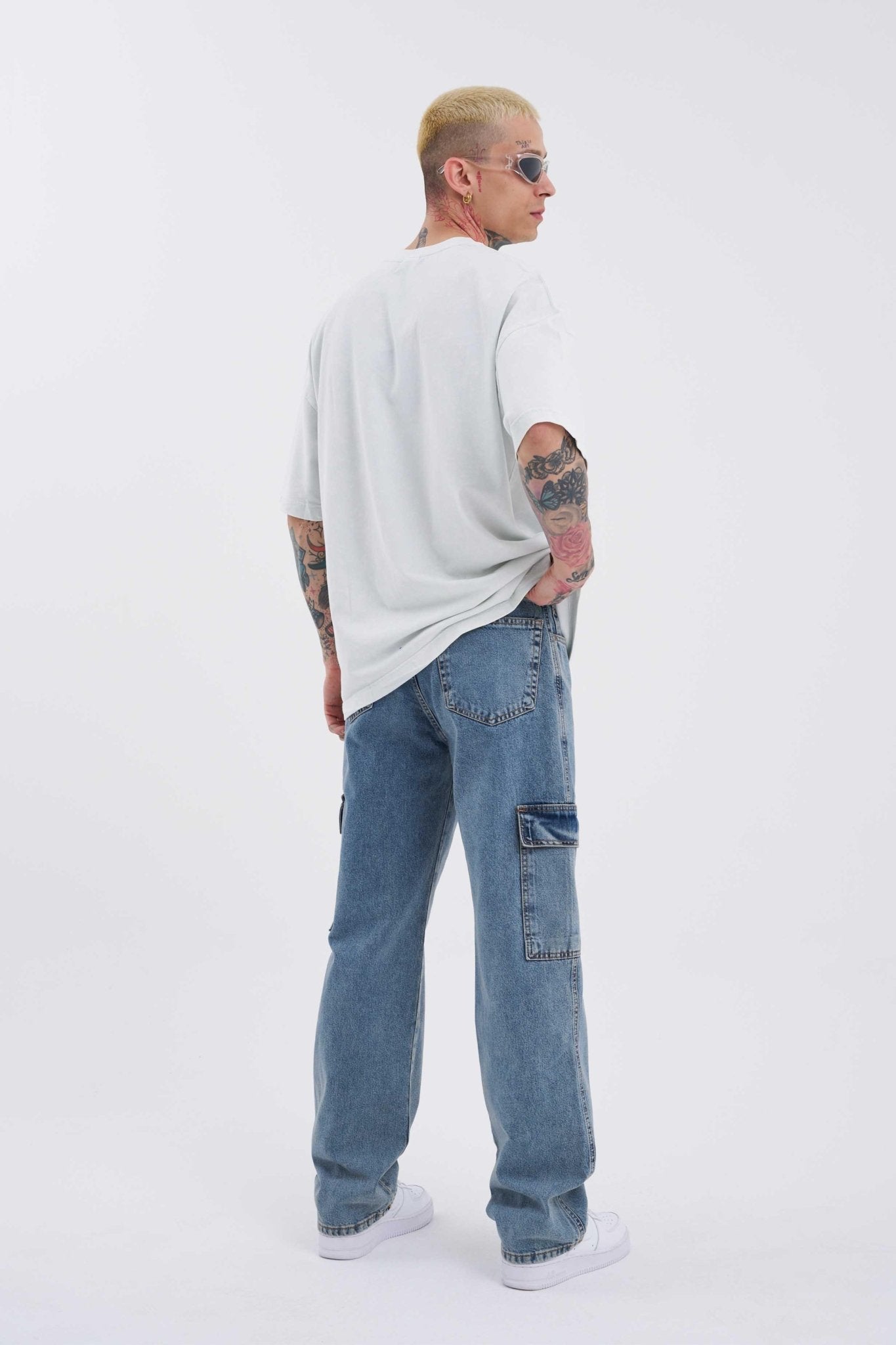 Erkek Yıkamalı Kargo Cepli Baggy Fit Jean Pantolon Mavi