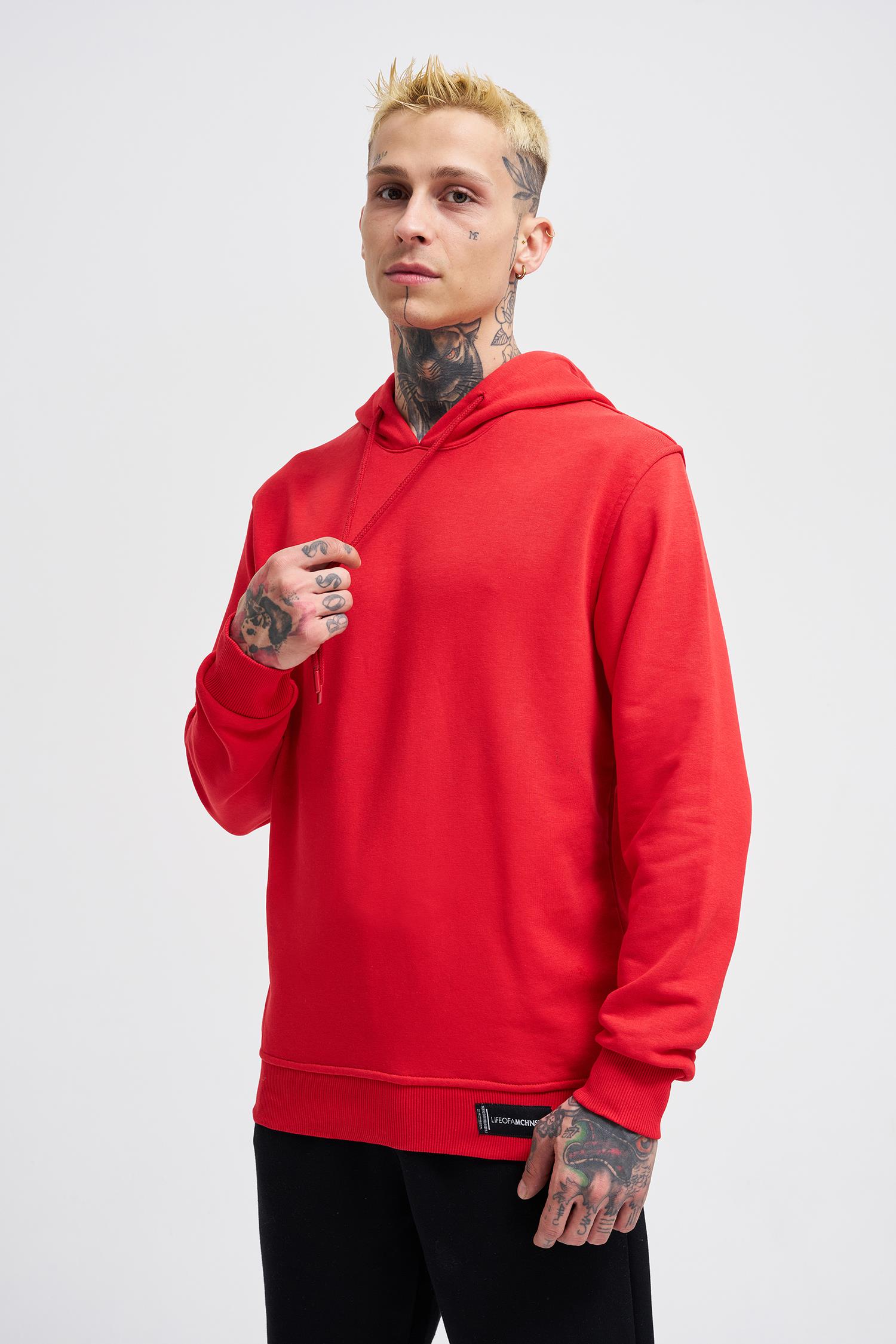 Erkek Regular Şardonsuz Kapüşonlu Sweatshirt Kırmızı