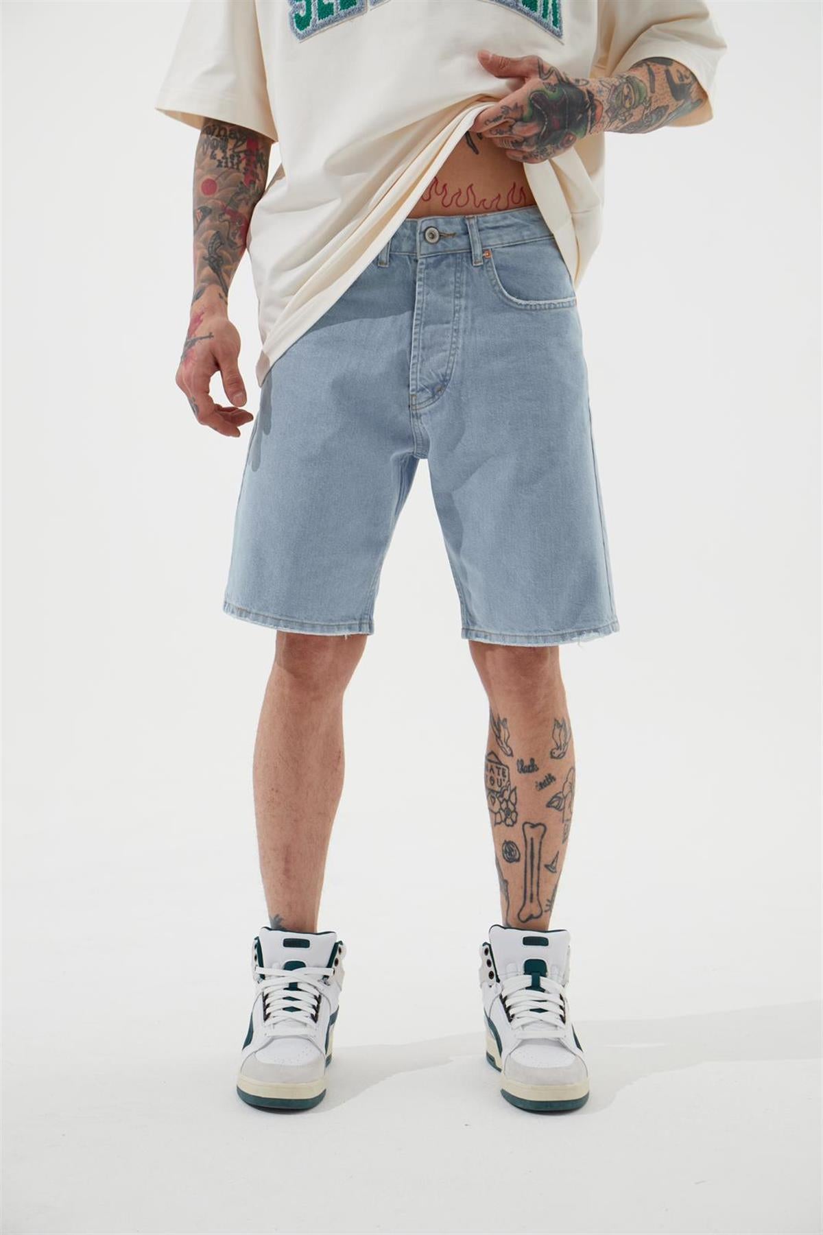 Erkek Loose Fith Denim Bermuda Şort Açık Mavi