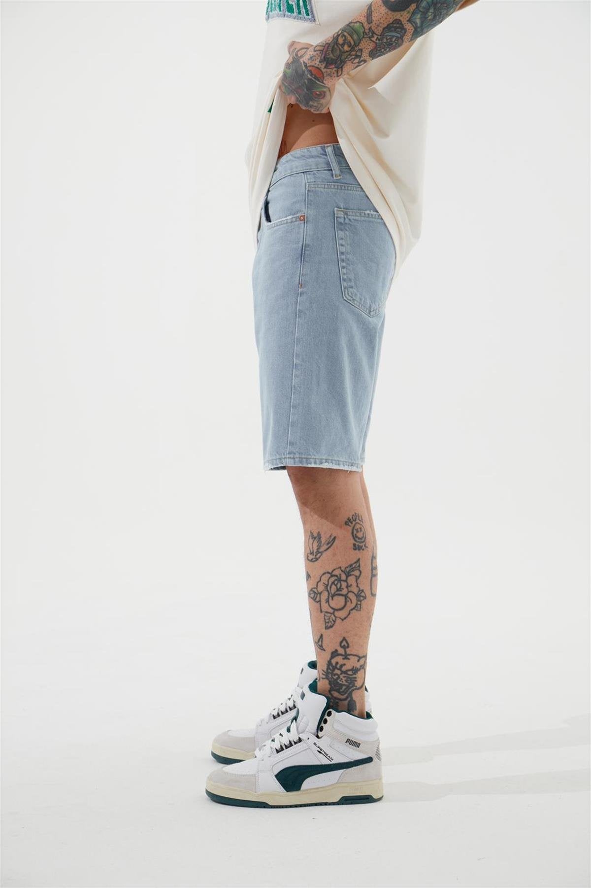 Erkek Loose Fith Denim Bermuda Şort Açık Mavi