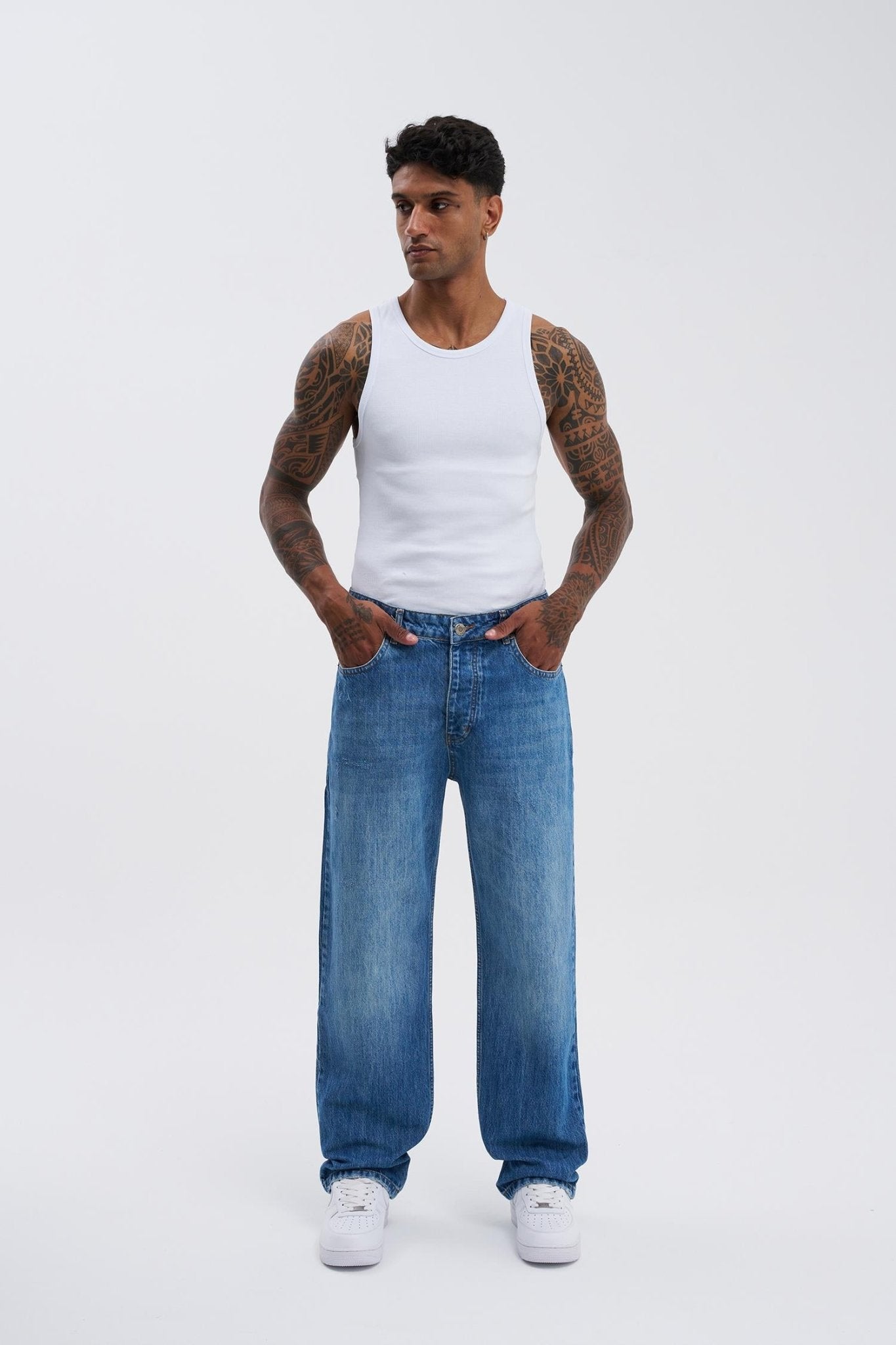 Erkek Machinist Loose Fit Jean Pantolon Mavi