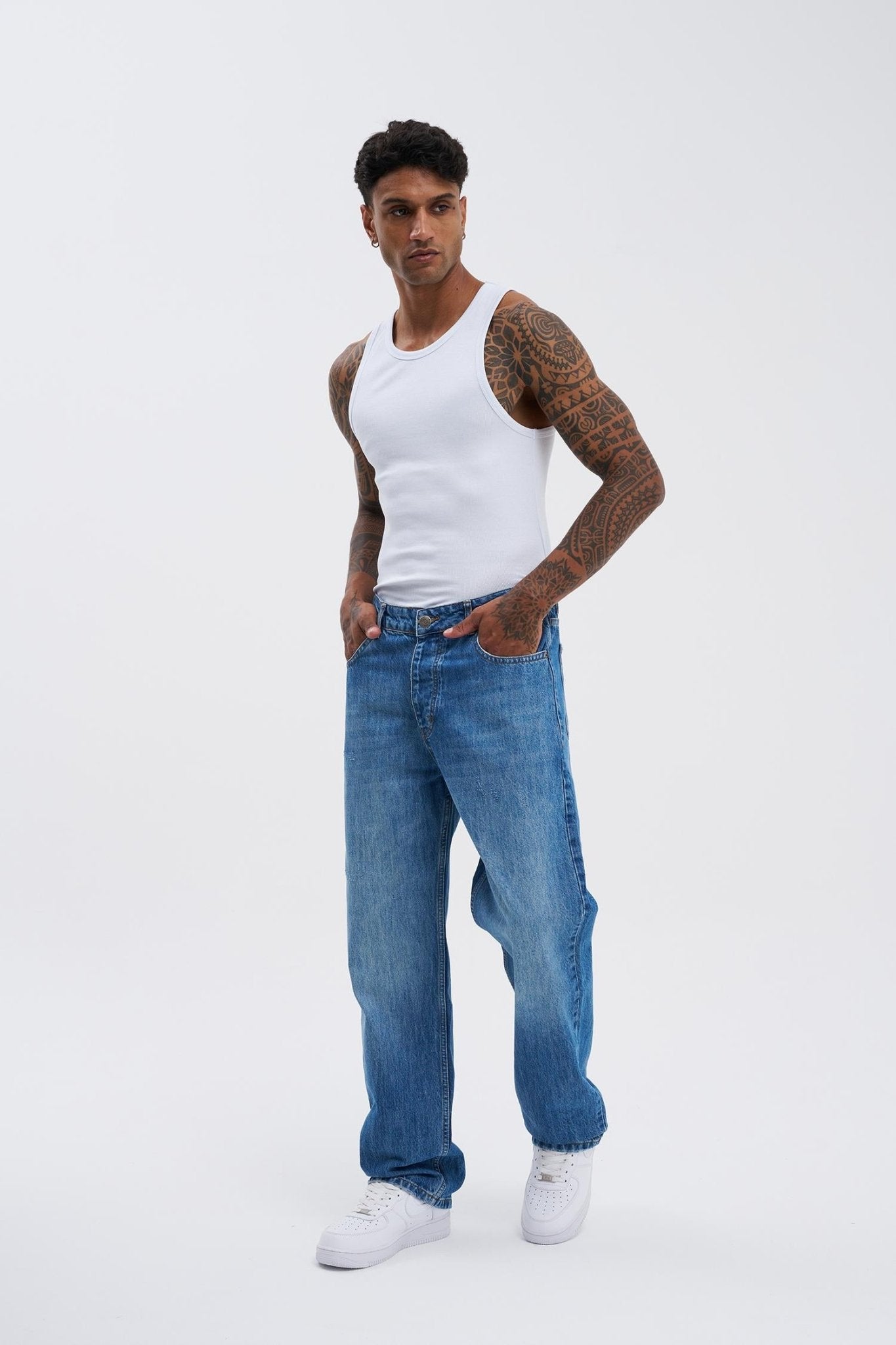 Erkek Machinist Loose Fit Jean Pantolon Mavi