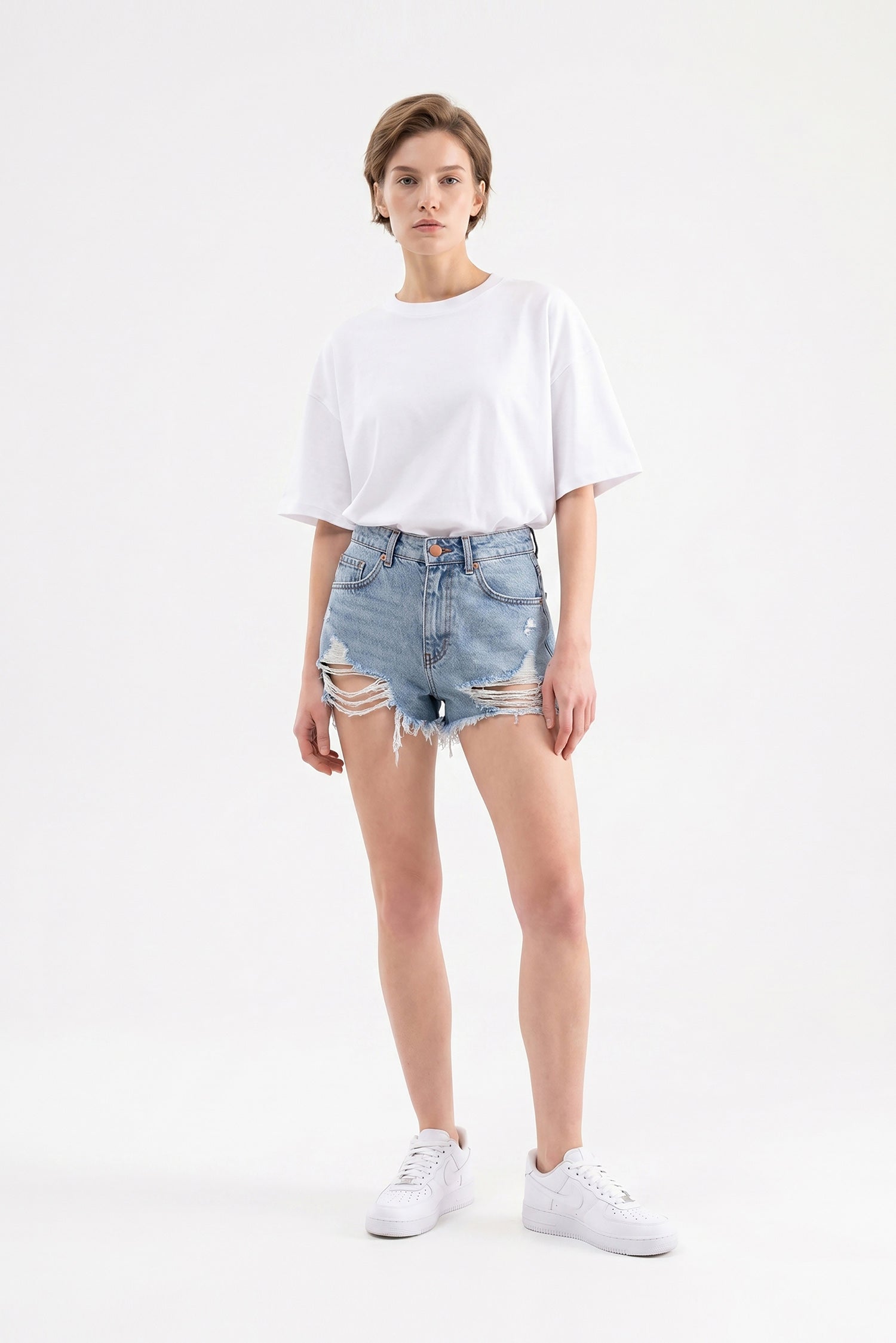 Kadın Distressed Jean Şort Mavi-5