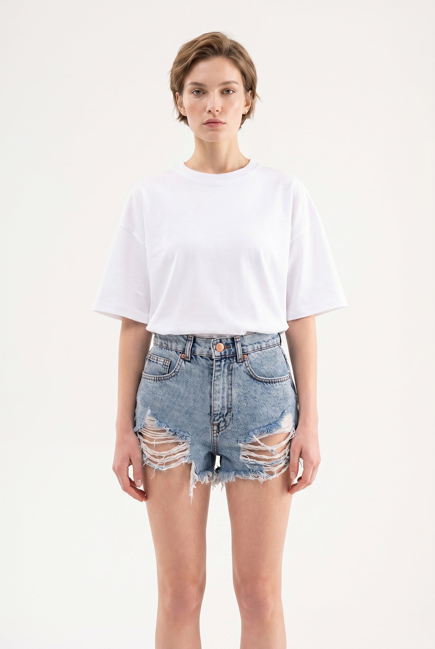 Kadın Distressed Jean Şort Mavi