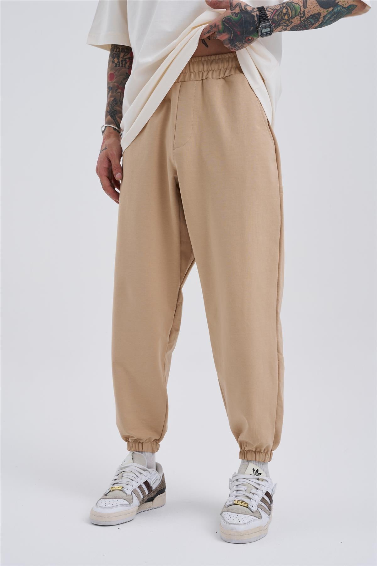 Oversize Basic Bel Paça Lastikli 3 Cepli Jogger Eşofman Altı Bej
