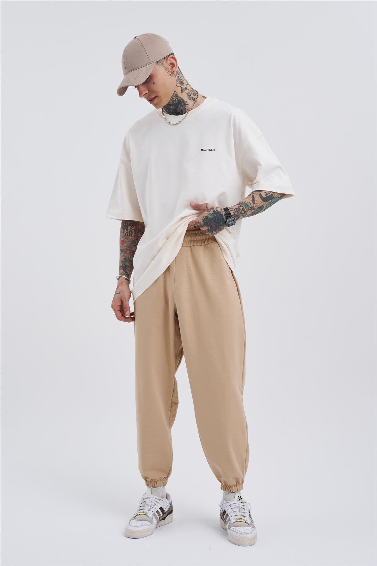 Oversize Basic Bel Paça Lastikli 3 Cepli Jogger Eşofman Altı Bej
