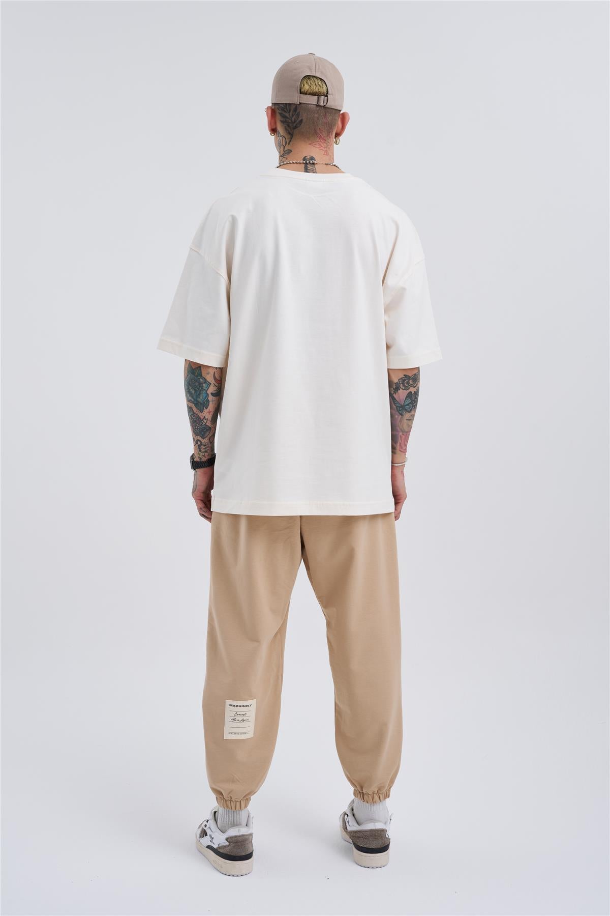 Oversize Basic Bel Paça Lastikli 3 Cepli Jogger Eşofman Altı Bej