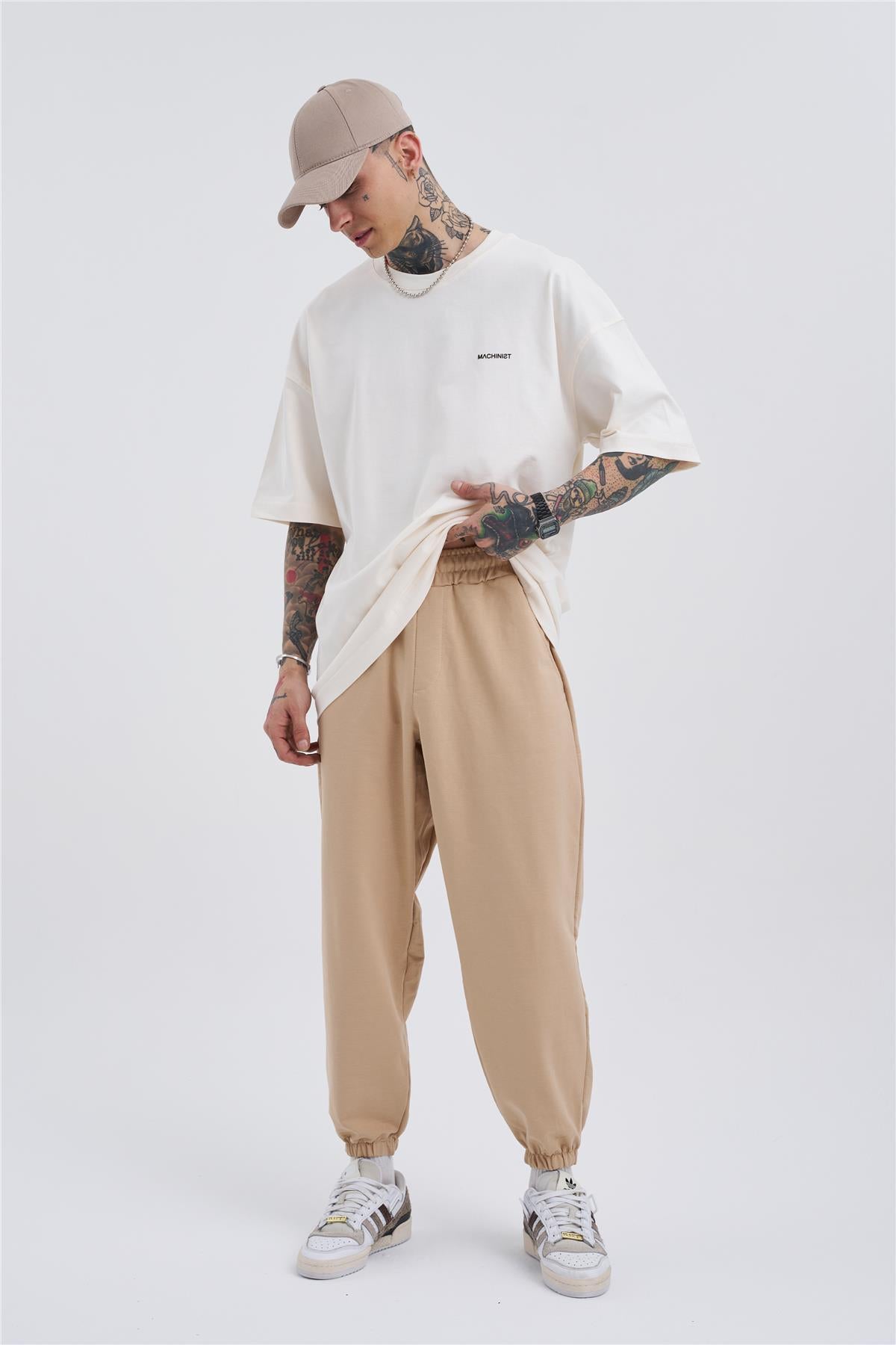 Oversize Basic Bel Paça Lastikli 3 Cepli Jogger Eşofman Altı Bej