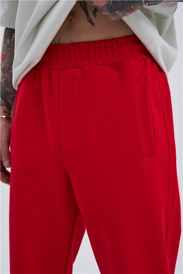 Oversize Basic Bel Paça Lastikli 3 Cepli Jogger Eşofman Altı Kırmızı
