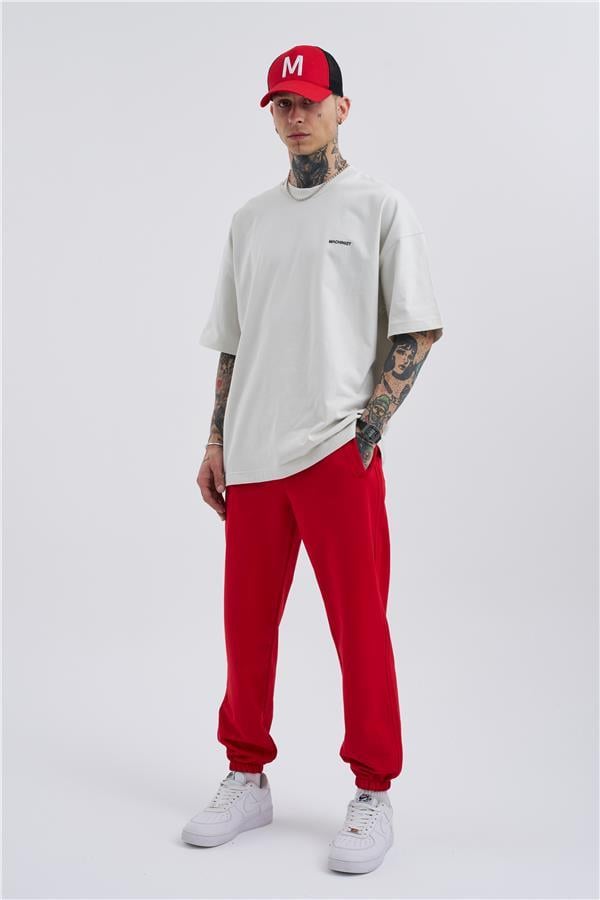 Oversize Basic Bel Paça Lastikli 3 Cepli Jogger Eşofman Altı Kırmızı