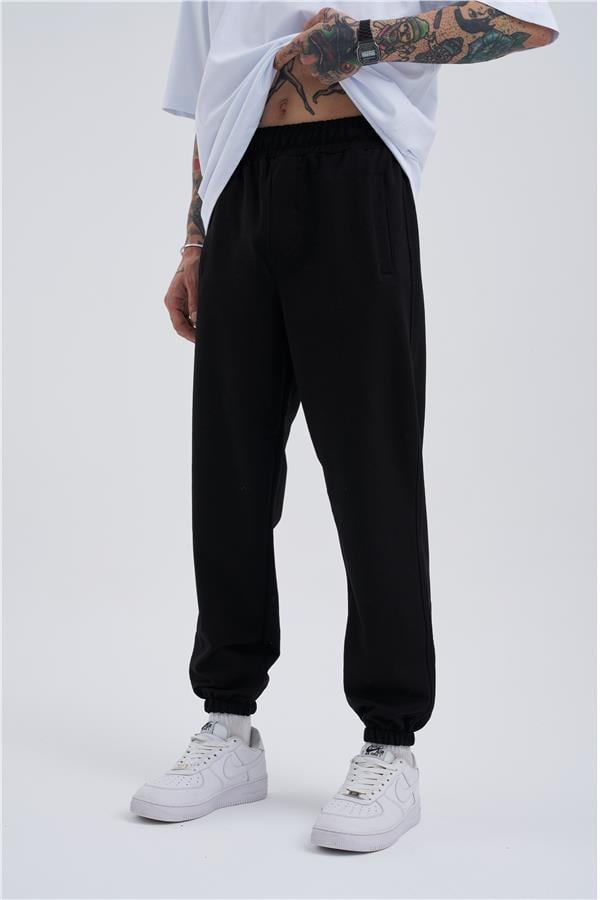 Oversize Basic Bel Paça Lastikli 3 Cepli Jogger Eşofman Altı Siyah