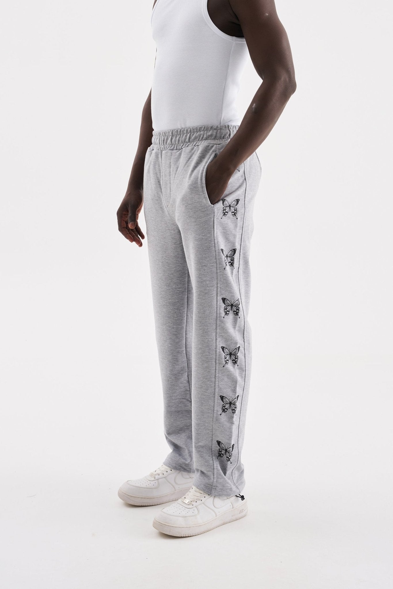 Oversize Butterfly Baskılı Beli Lastikli Organik Pamuklu Eşofman Altı Gri Melanj