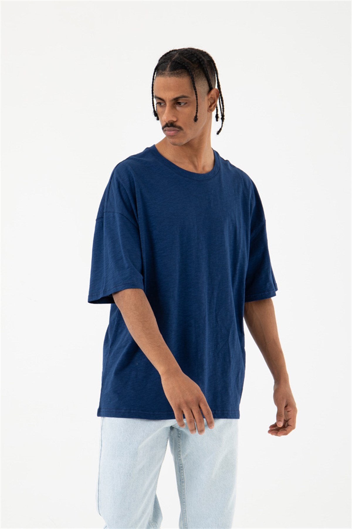 Oversize Flamlı Basic Tişört Indigo