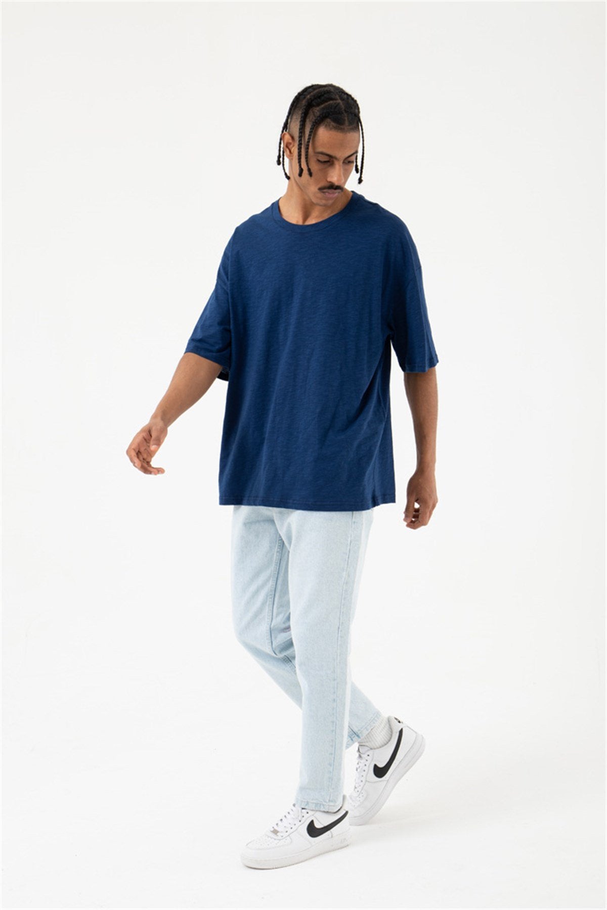 Oversize Flamlı Basic Tişört Indigo