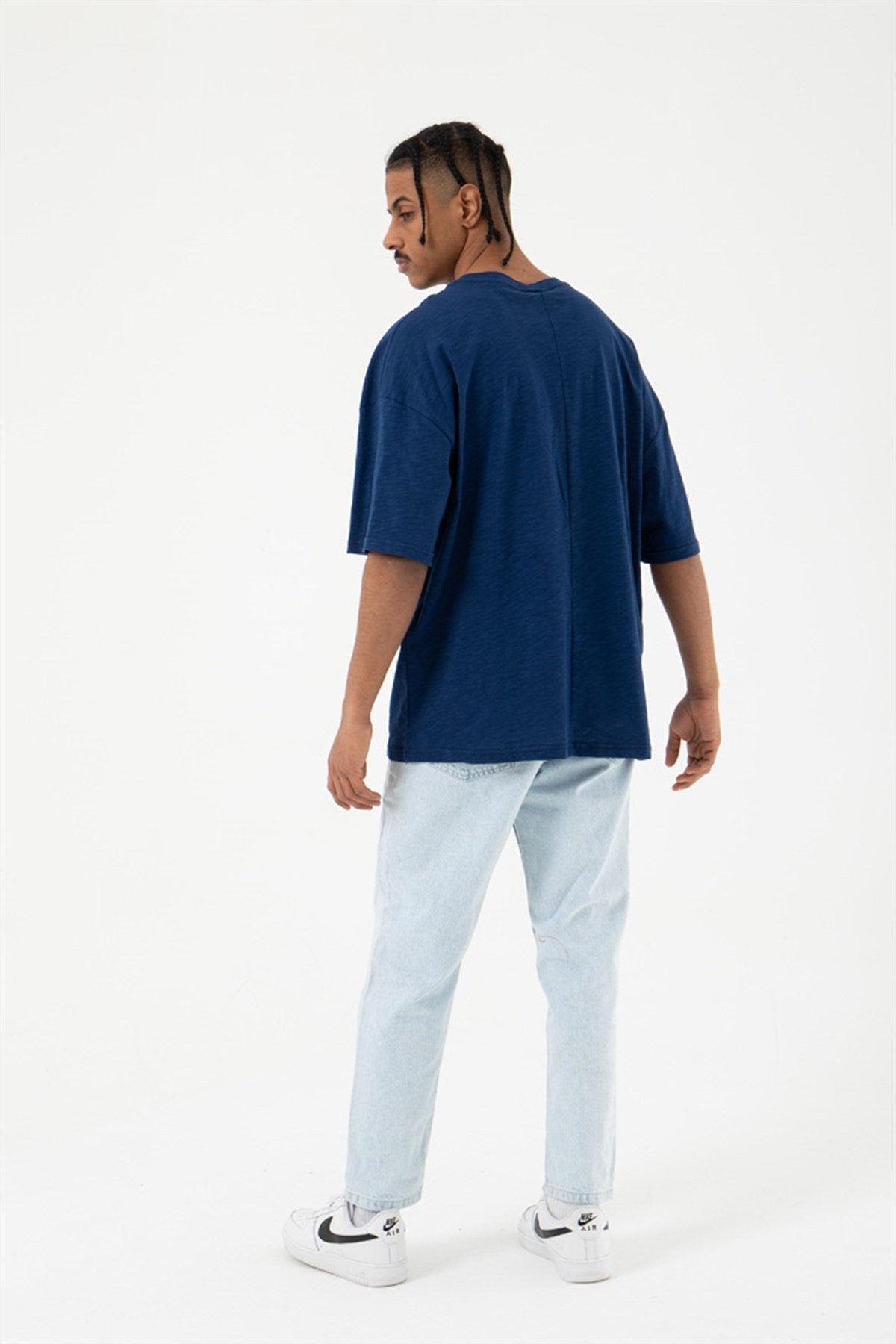 Oversize Flamlı Basic Tişört Indigo