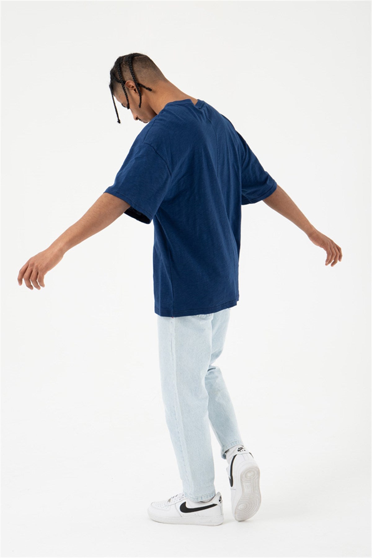 Oversize Flamlı Basic Tişört Indigo