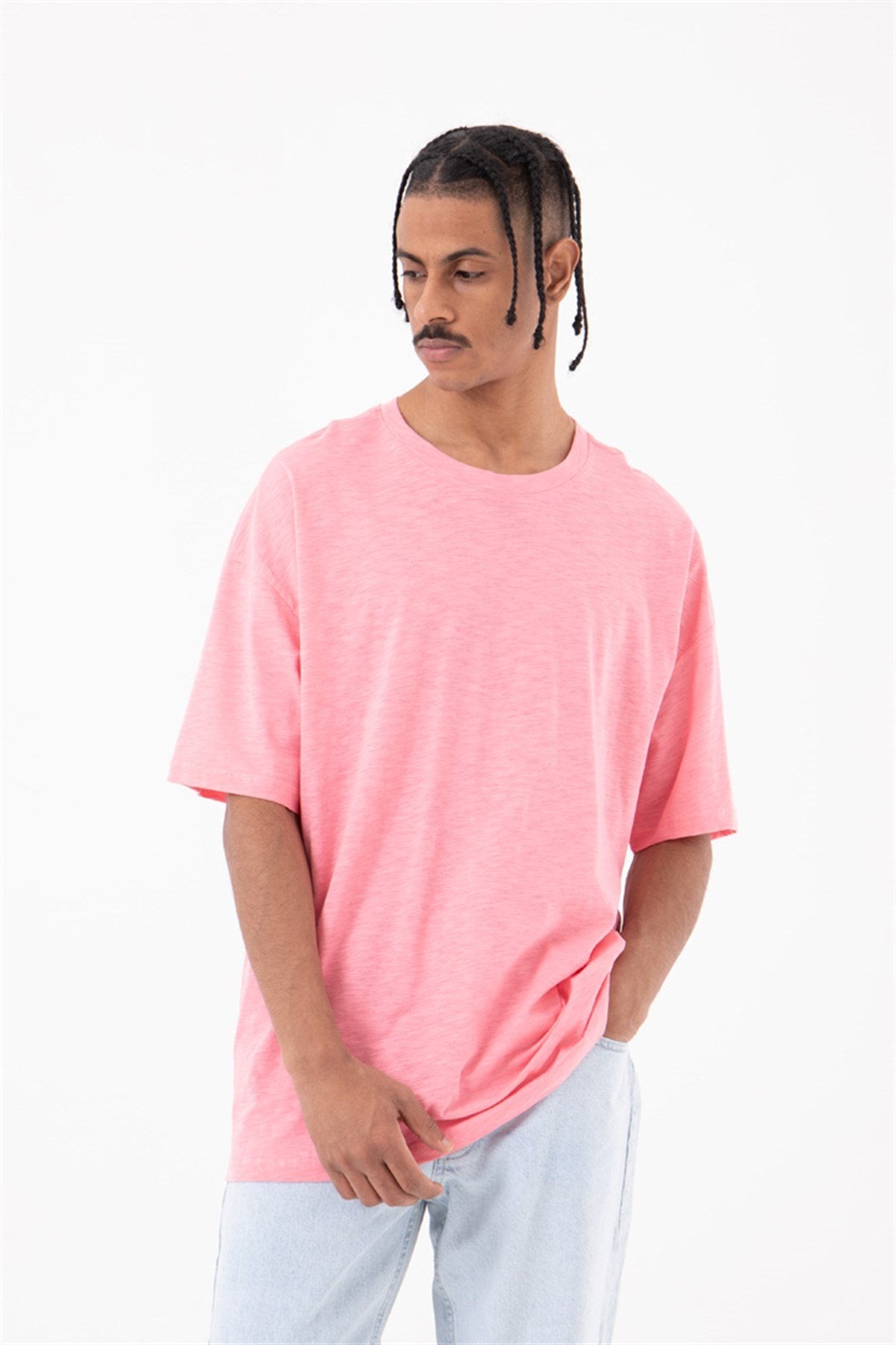 Oversize Flamlı Basic Tişört Pembe