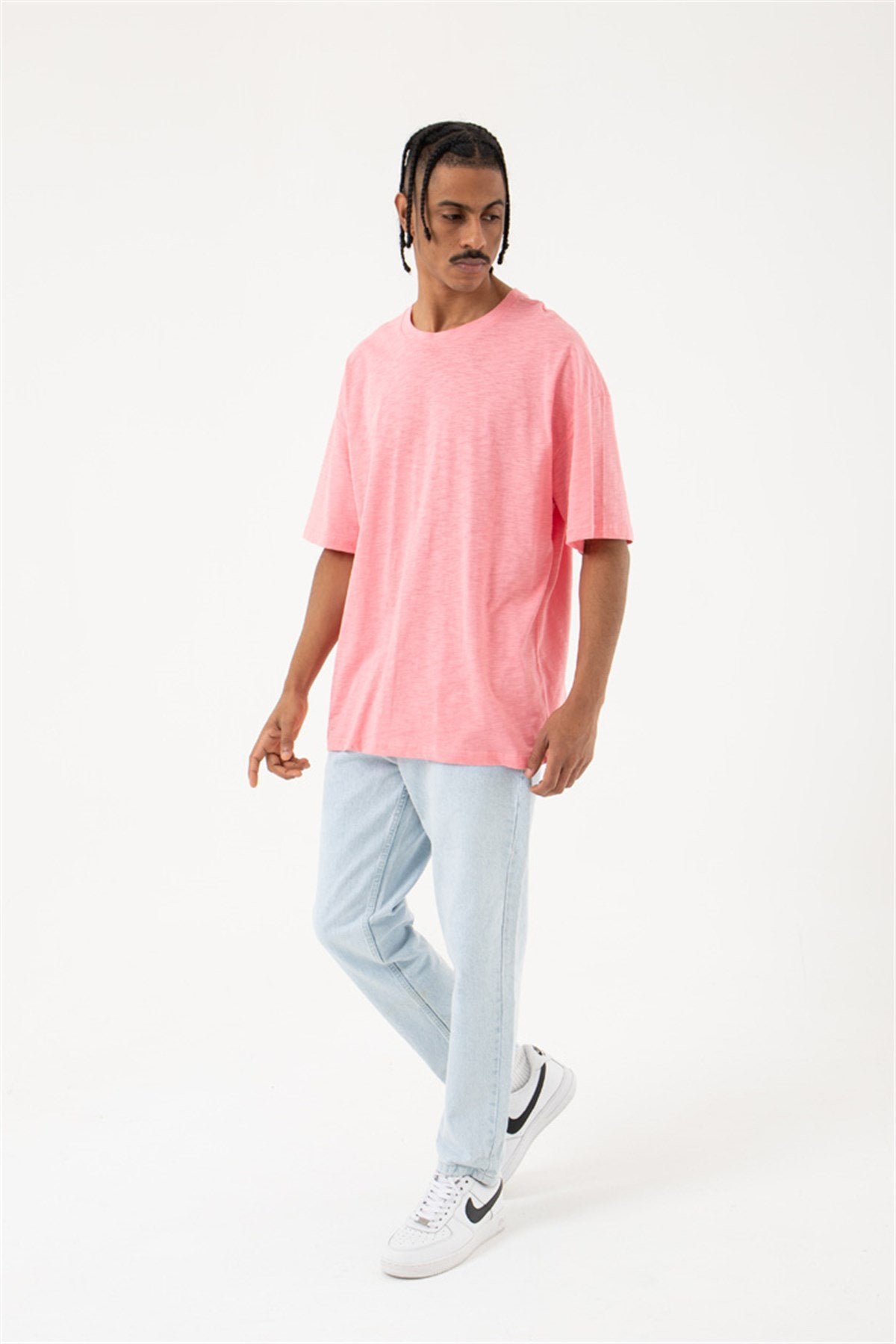 Oversize Flamlı Basic Tişört Pembe