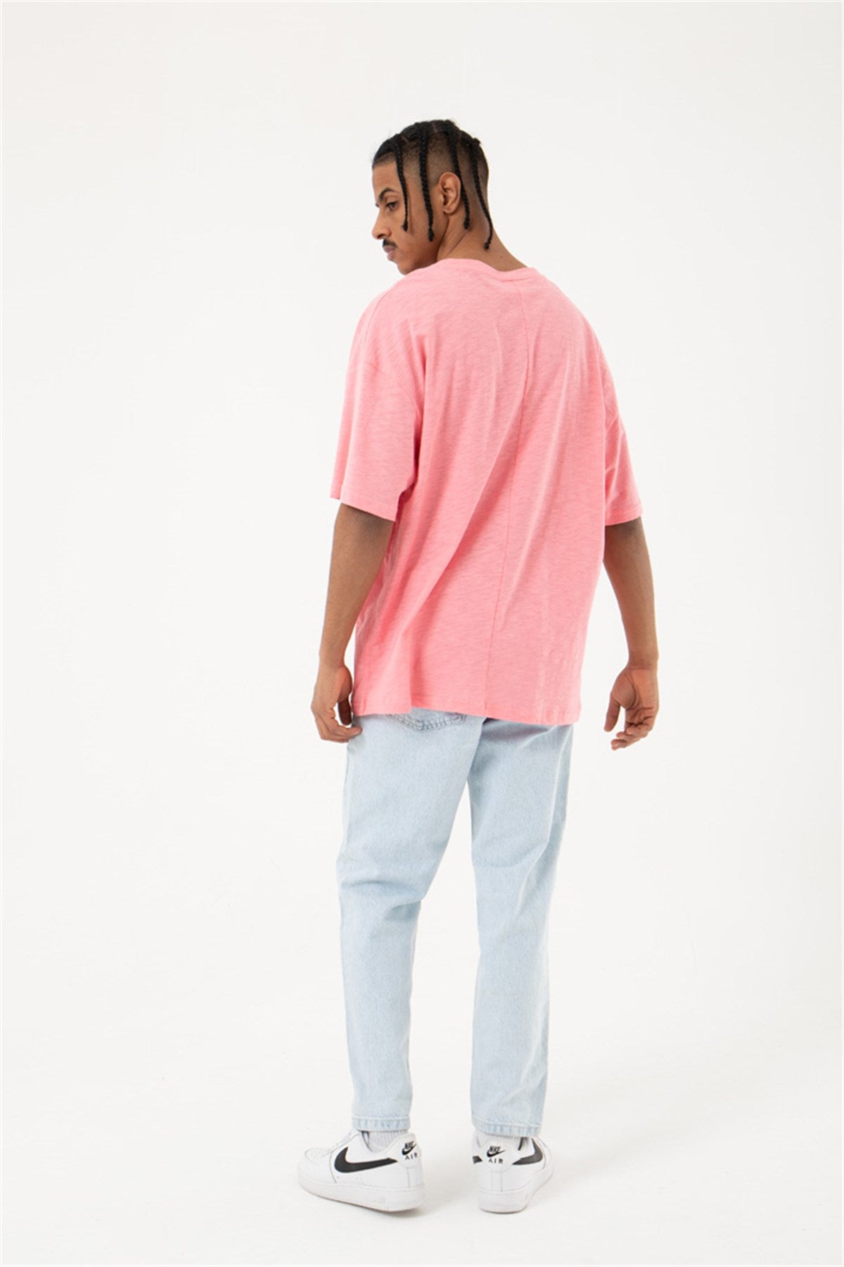 Oversize Flamlı Basic Tişört Pembe