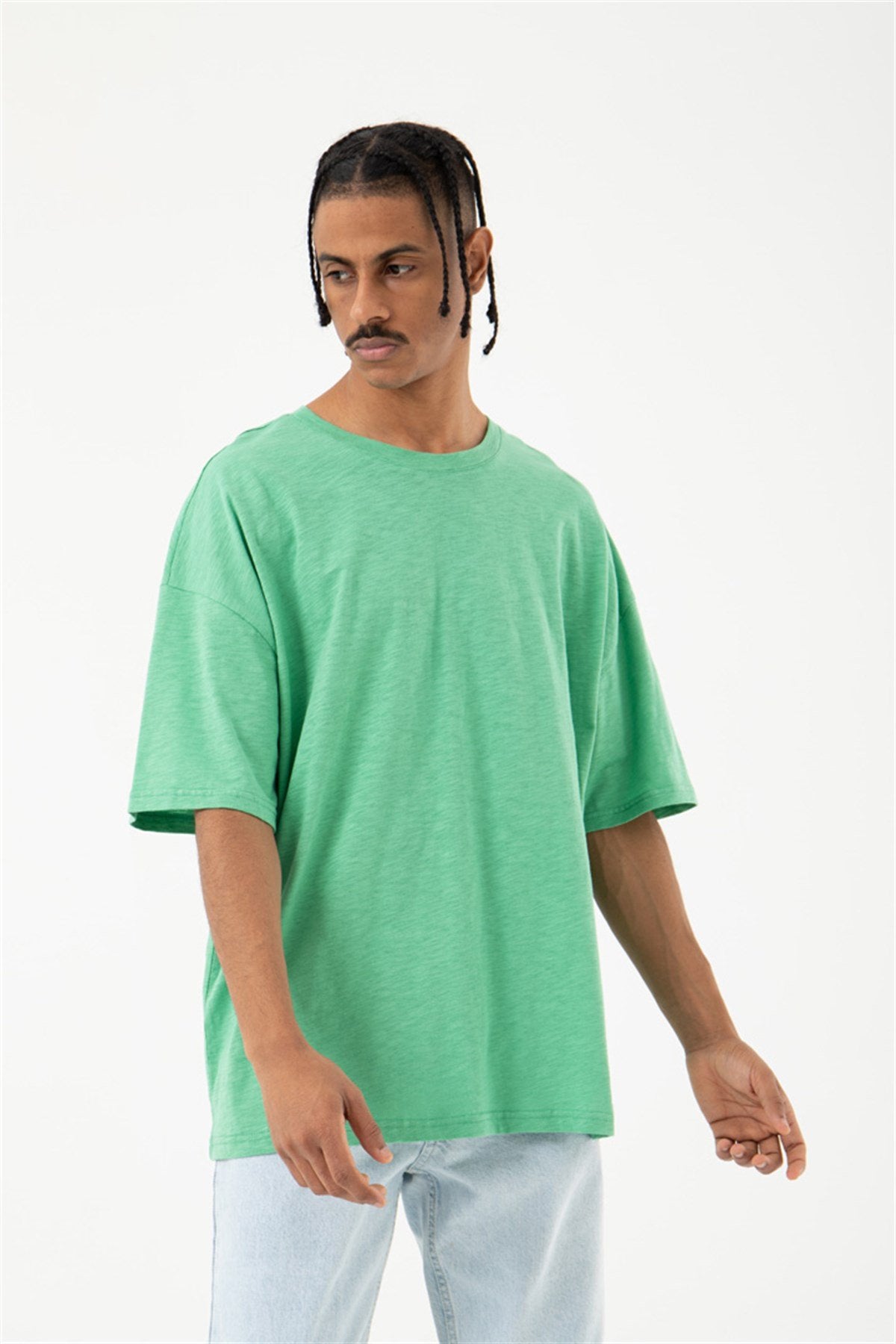 Oversize Flamlı Basic Tişört Yeşil