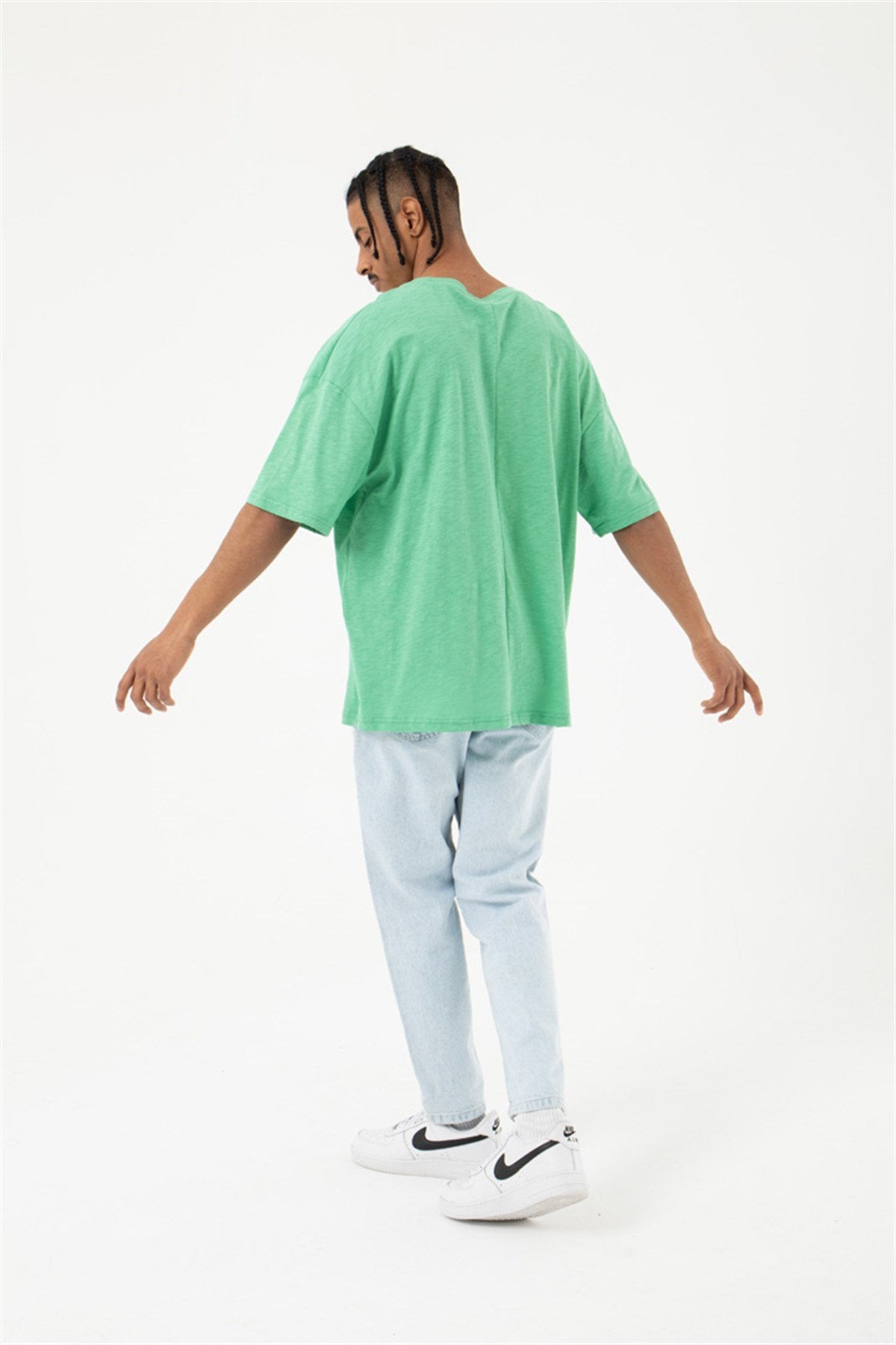 Oversize Flamlı Basic Tişört Yeşil