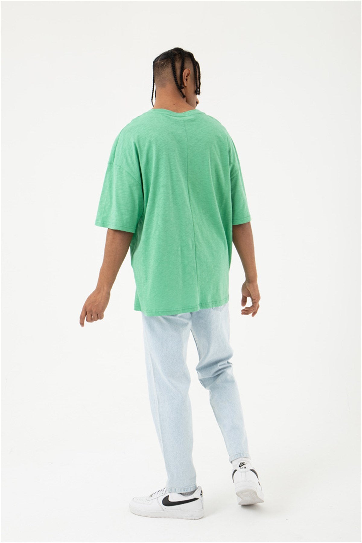 Oversize Flamlı Basic Tişört Yeşil