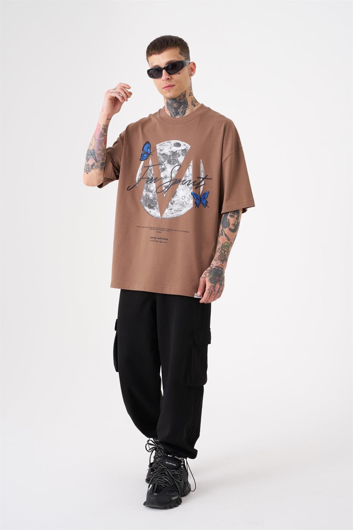 Oversize Free Spirit Baskılı Pamuklu Tişört Kahverengi