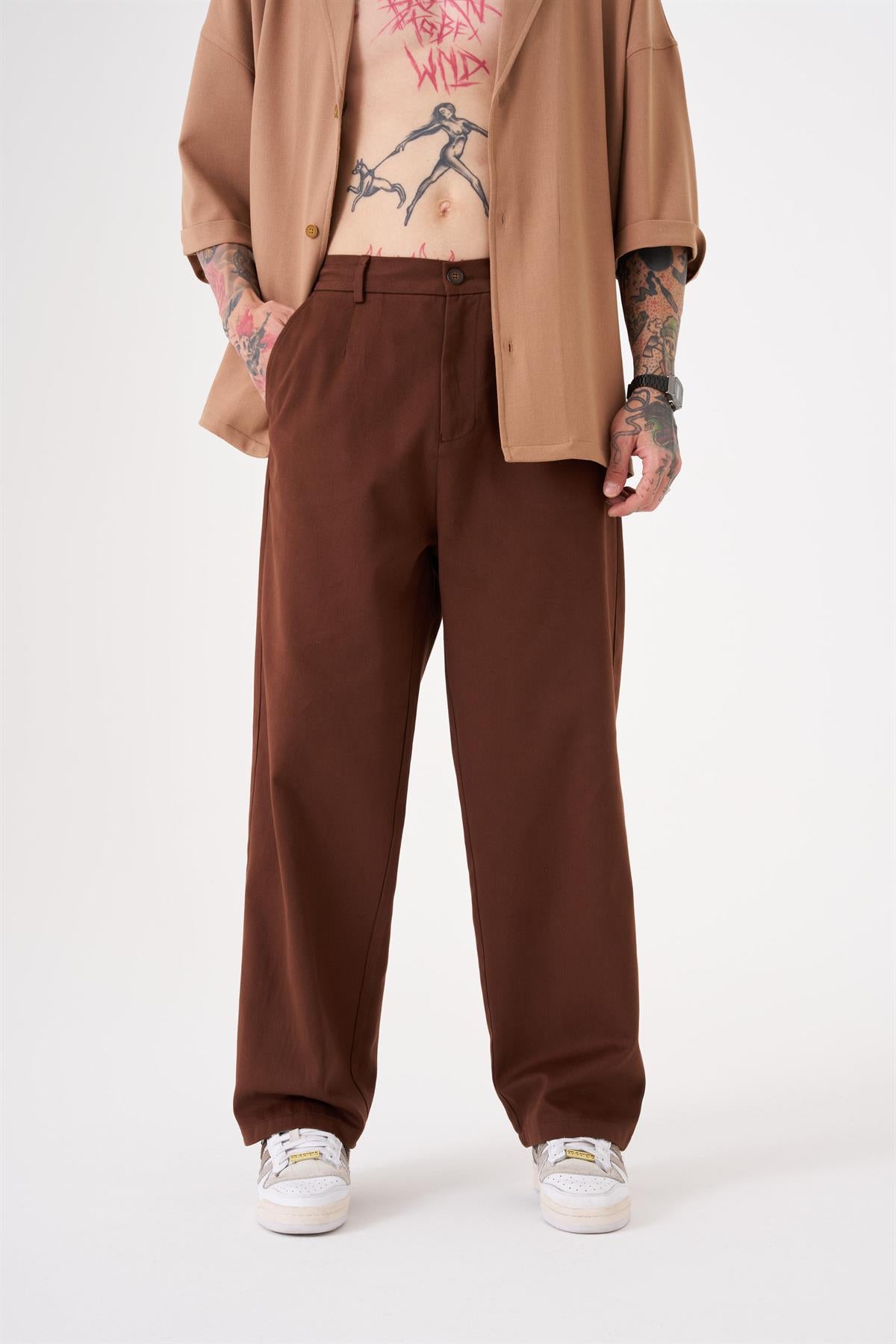 Oversize Gabardin Lastikli Pantolon Kahverengi
