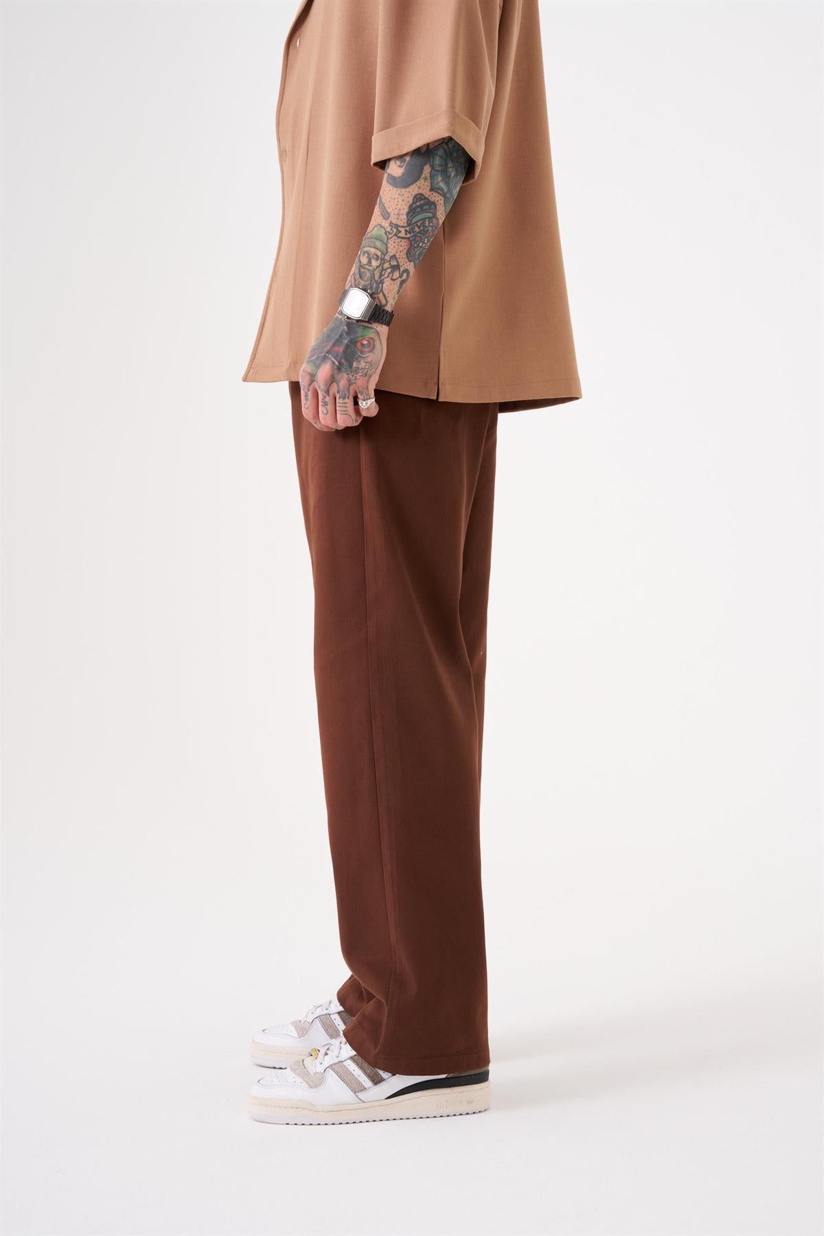 Oversize Gabardin Lastikli Pantolon Kahverengi
