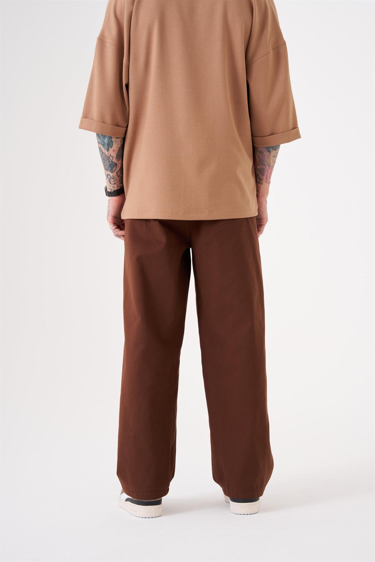 Oversize Gabardin Lastikli Pantolon Kahverengi