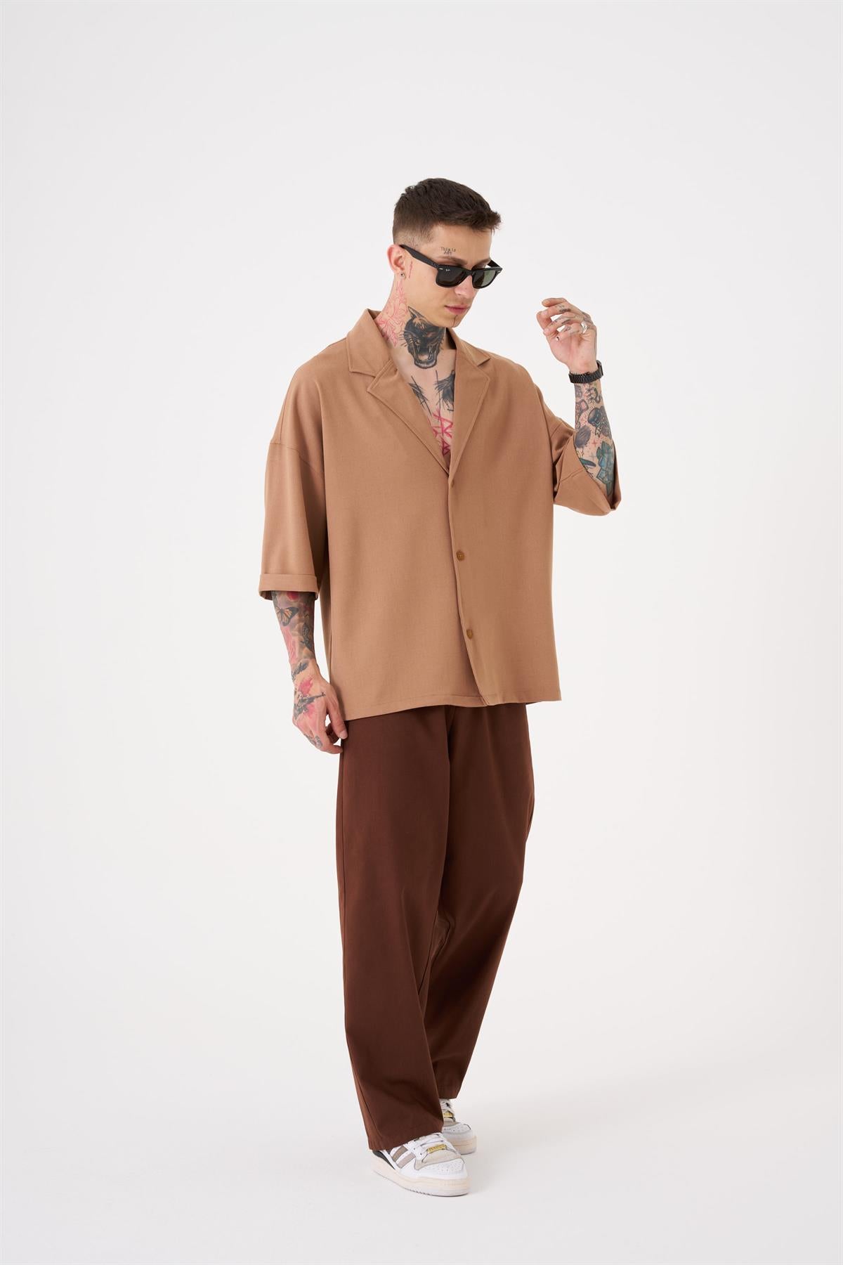 Oversize Gabardin Lastikli Pantolon Kahverengi