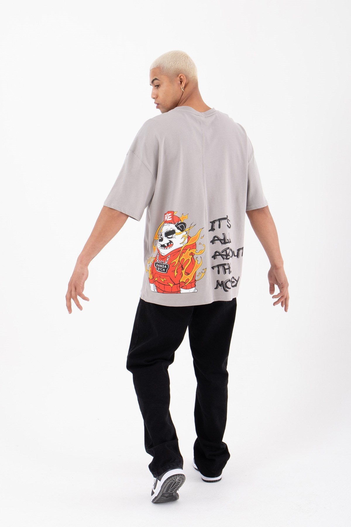 Oversize Panda Rich Baskılı Pamuklu Tişört Açık Gri