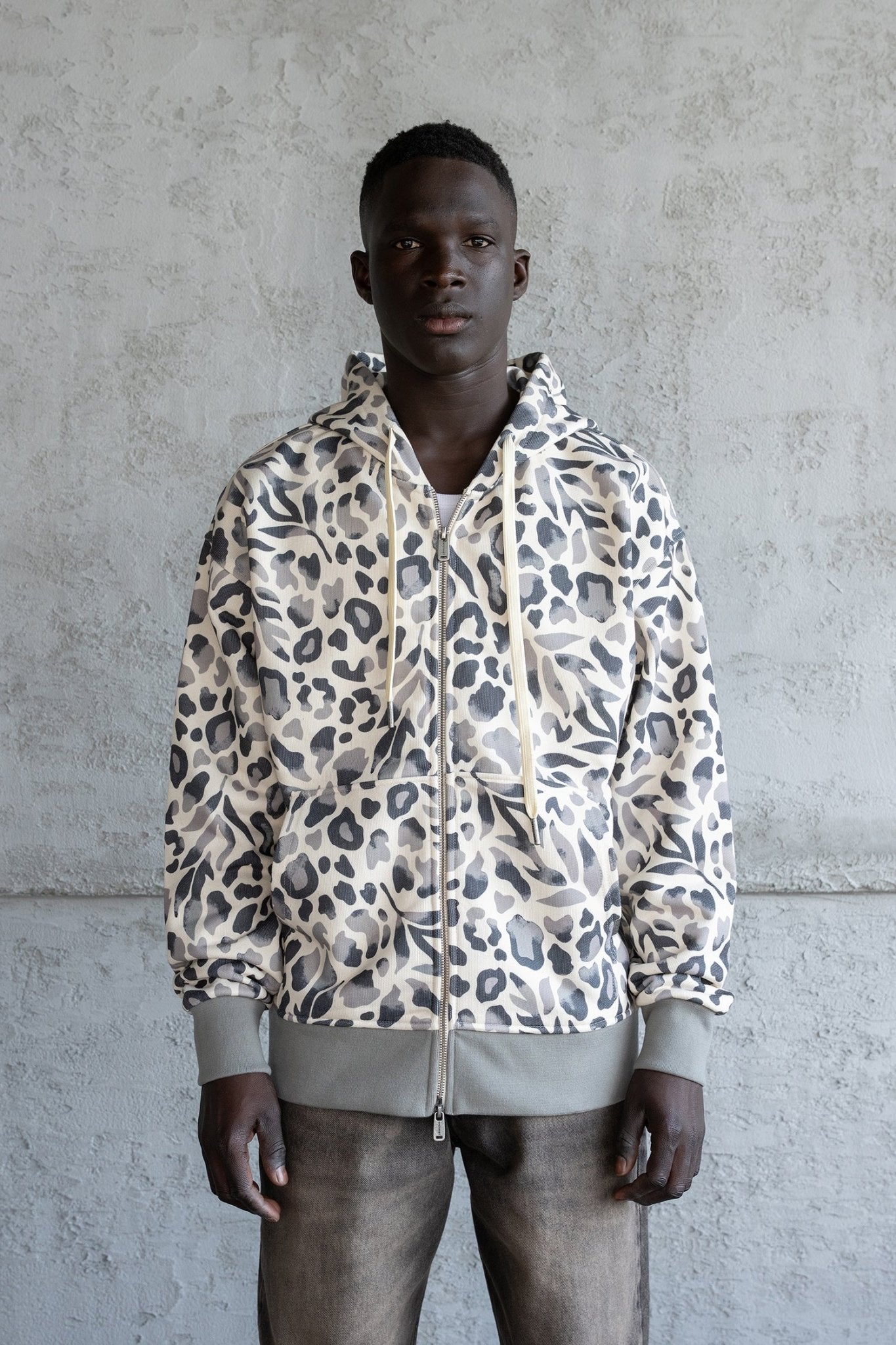 Erkek Patterned Fermuarlı Kapüşonlu Sweatshirt Haki