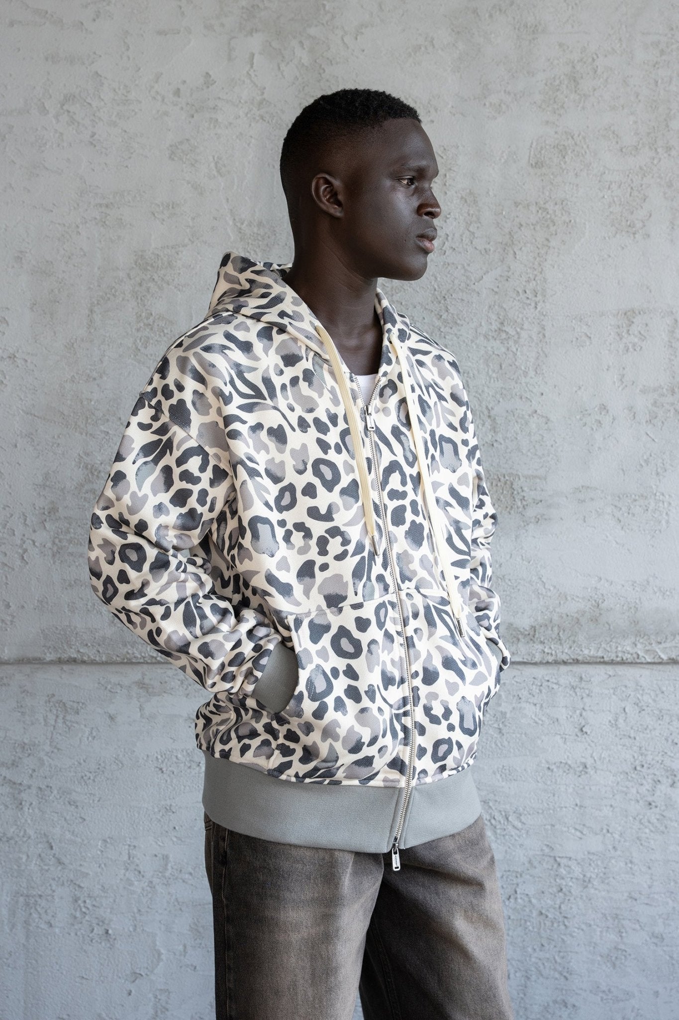 Erkek Patterned Fermuarlı Kapüşonlu Sweatshirt Haki