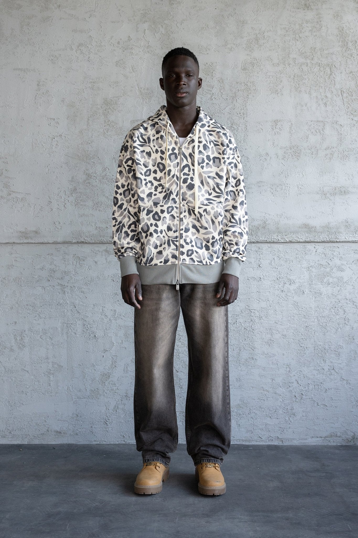 Erkek Patterned Fermuarlı Kapüşonlu Sweatshirt Haki