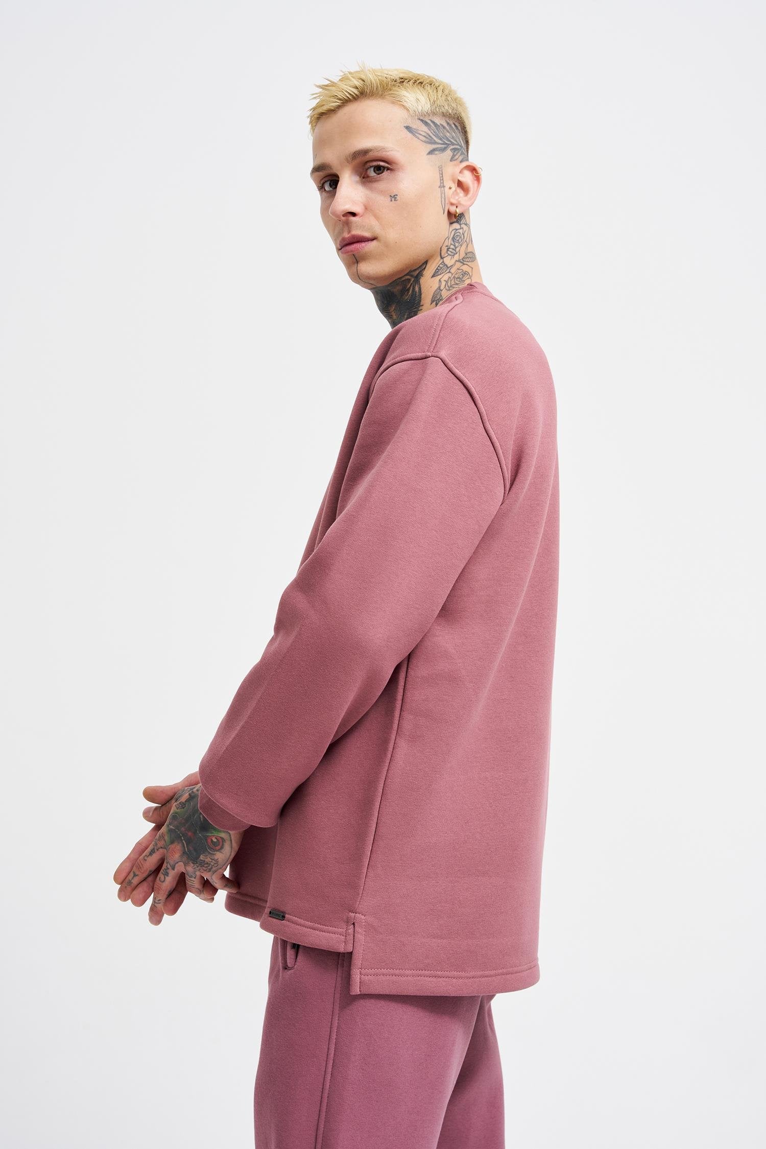 Relaxed Yırtmaçlı Bisiklet Yaka Basic Sweatshirt Mürdüm
