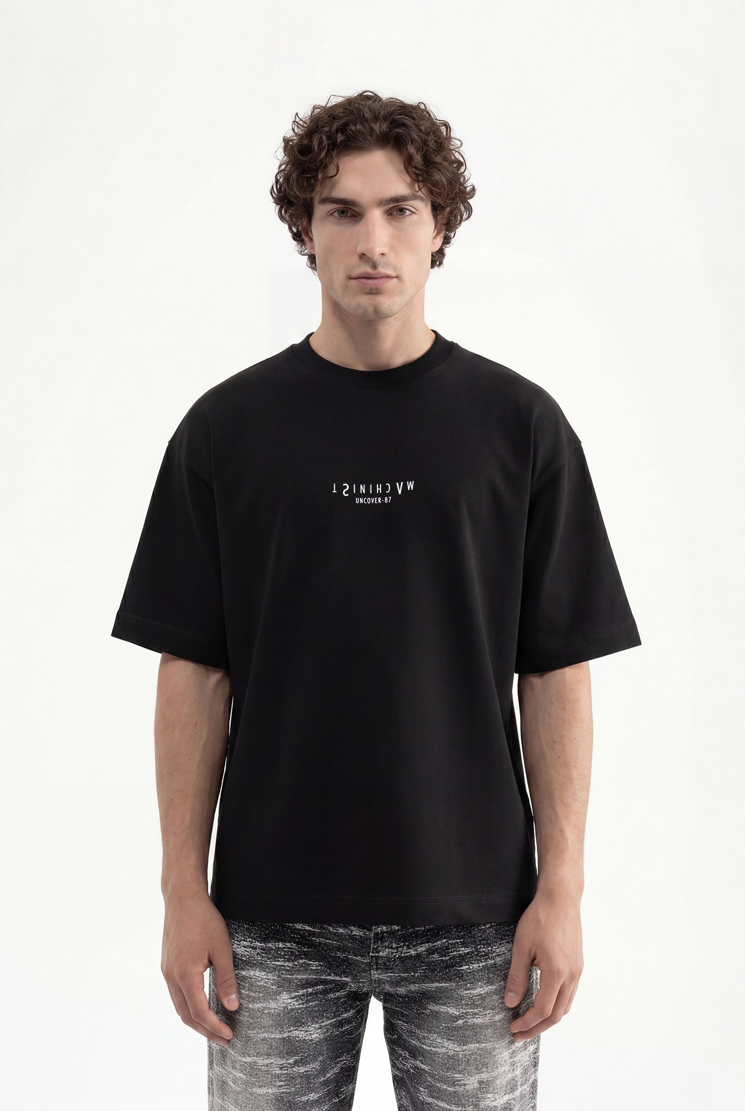 Erkek Upside-Down Baskılı Oversize Tişört Siyah