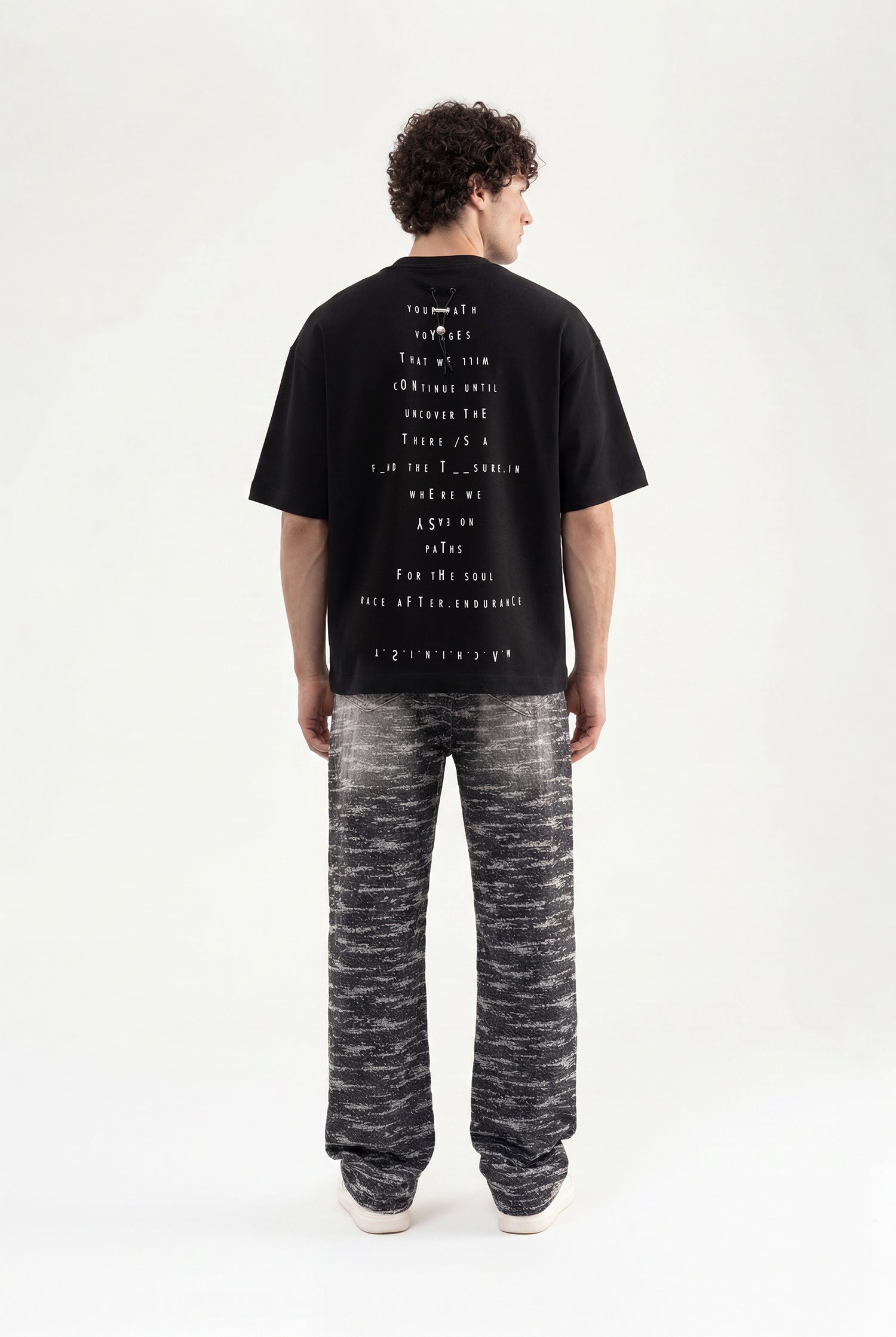 Erkek Upside-Down Baskılı Oversize Tişört Siyah-5