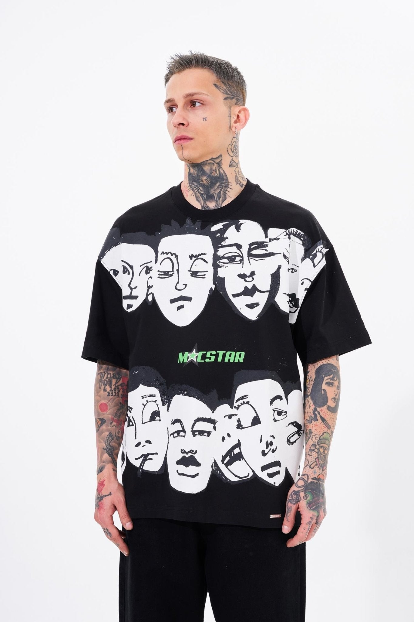 Erkek Macstar Heads Oversize Tişört Siyah