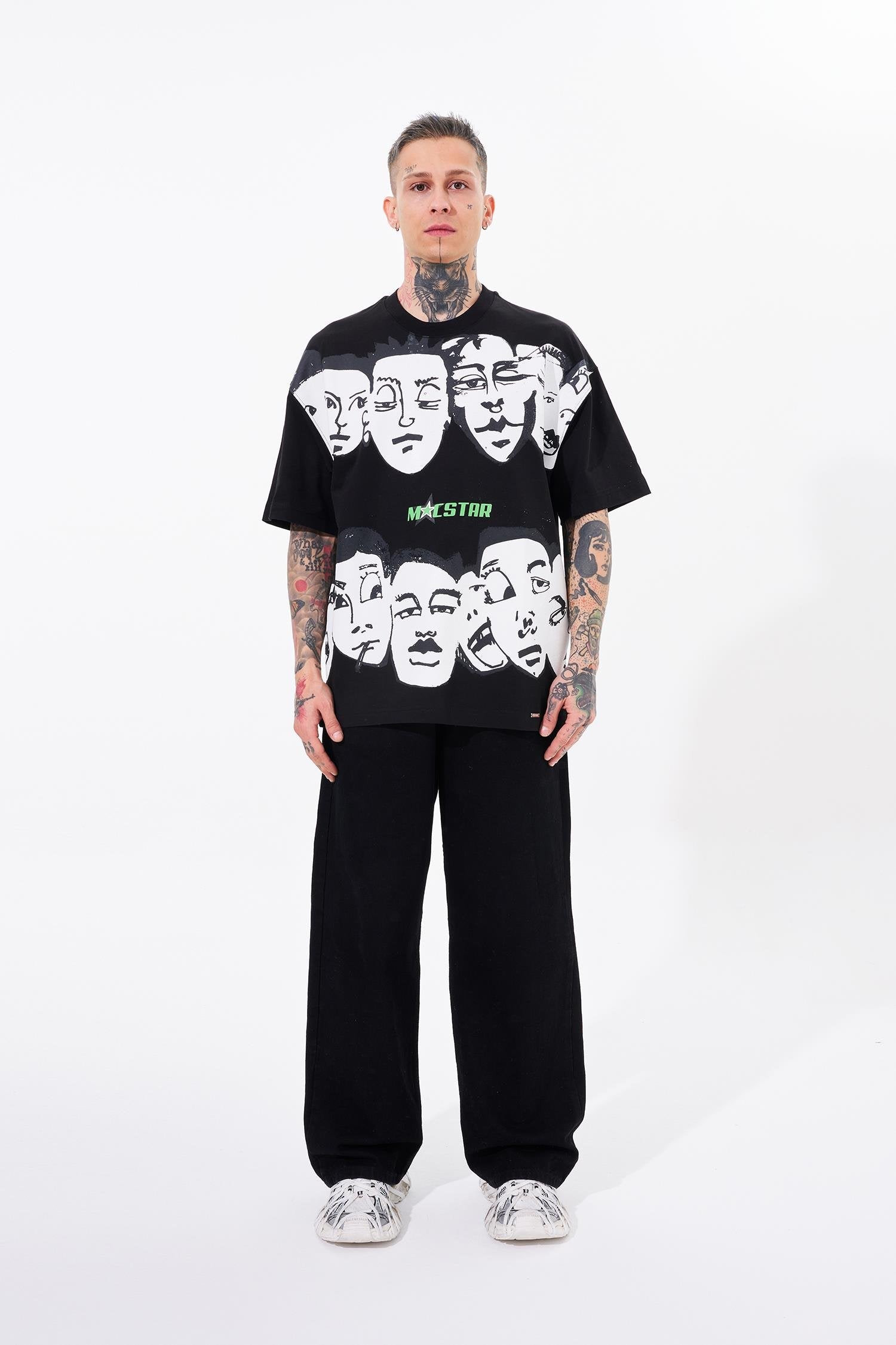 Erkek Macstar Heads Oversize Tişört Siyah