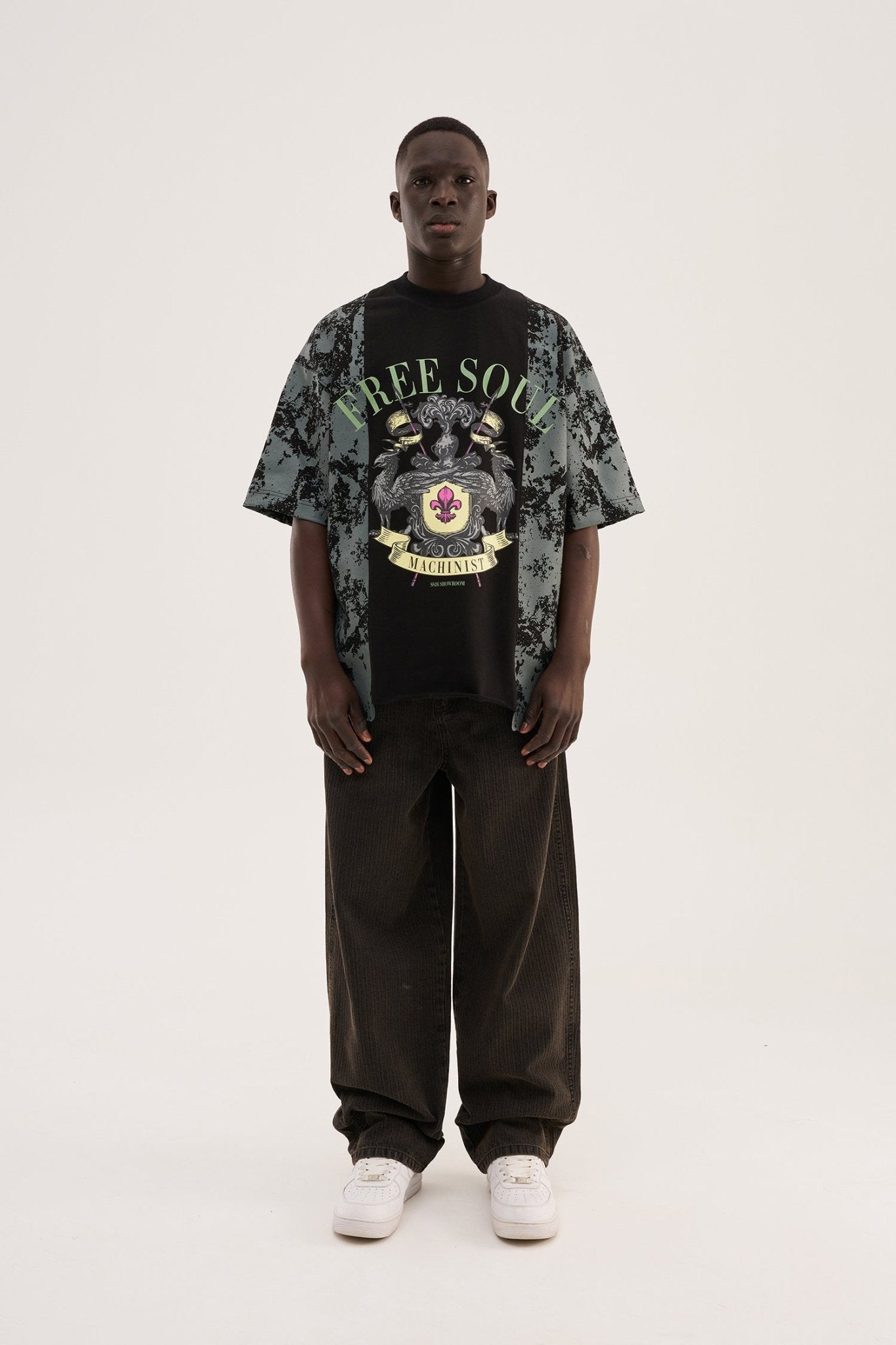 Erkek Free Soul Printed Oversize Tişört Siyah